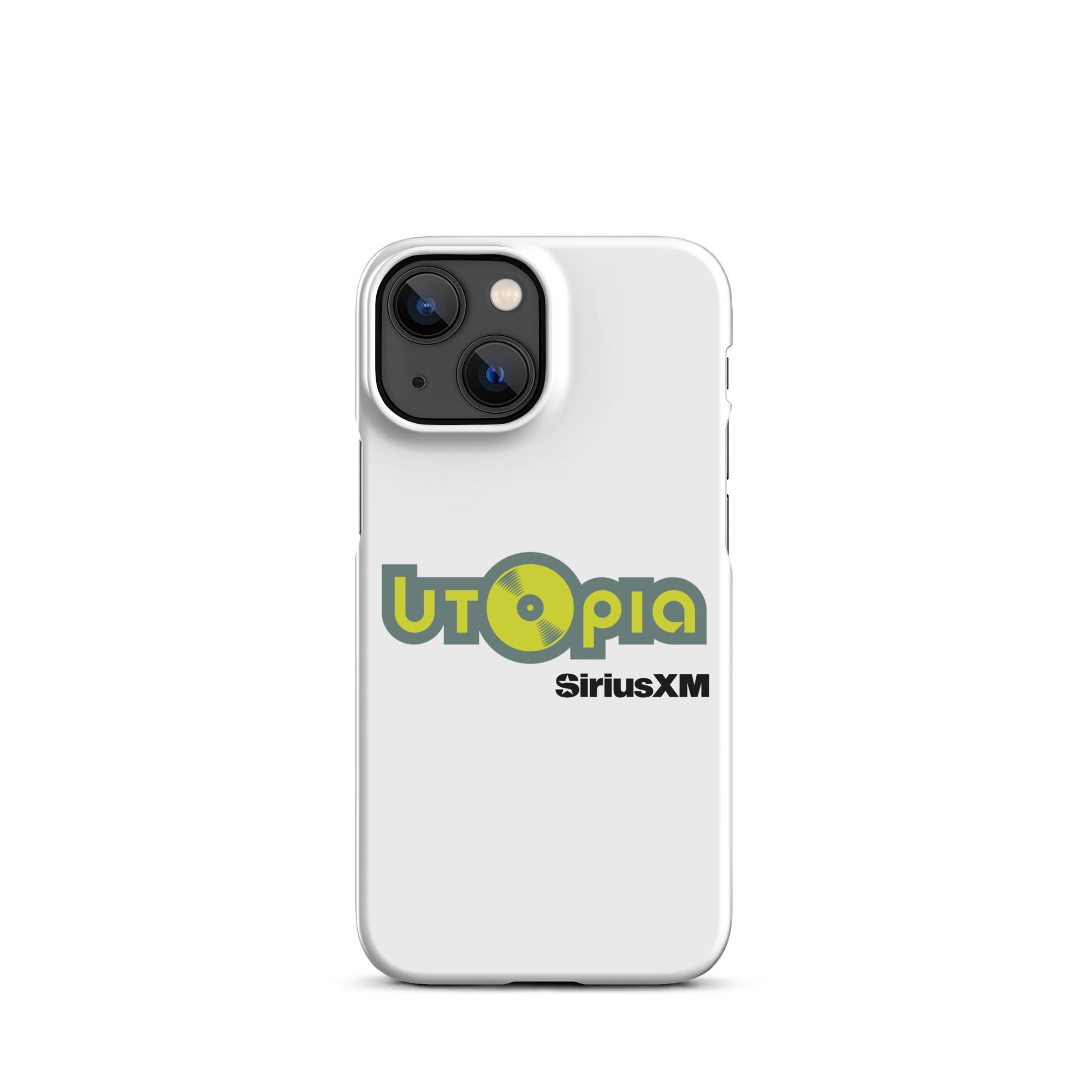 White phone case featuring the logo 'Utopia' with a vinyl record and 'SiriusXM' text.