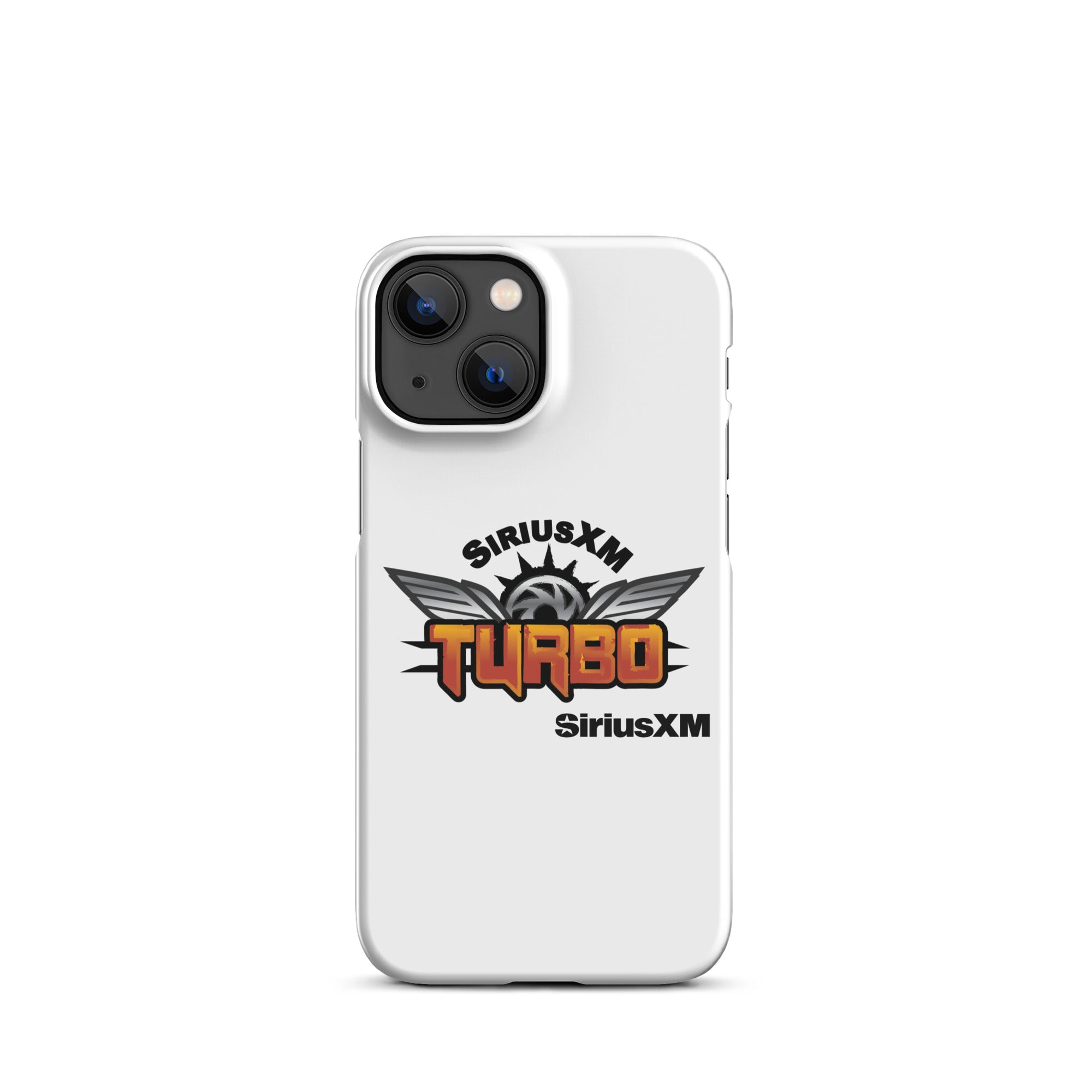 White phone case featuring the 'SiriusXM Turbo' logo in bold orange lettering with wings and 'SiriusXM' branding.