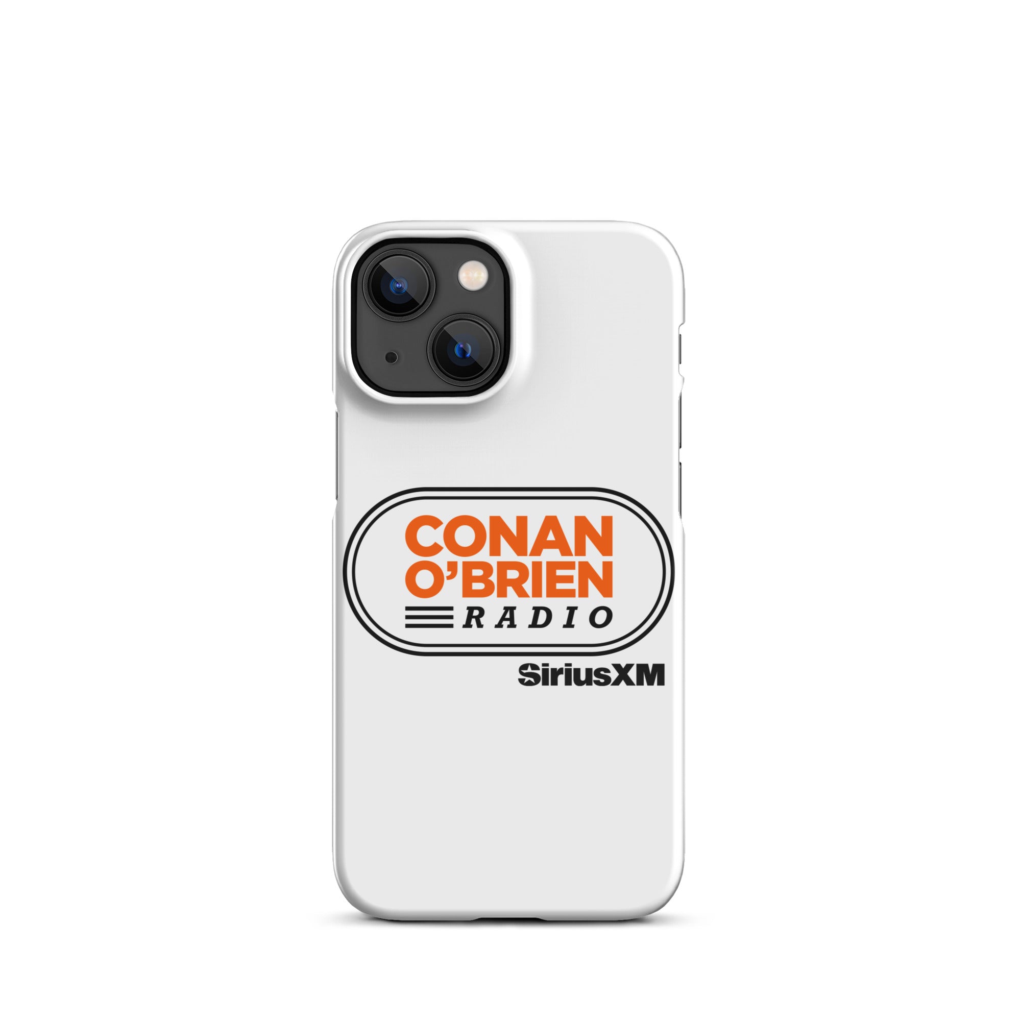 White phone case featuring 'Conan O'Brien Radio' logo and 'SiriusXM' branding.