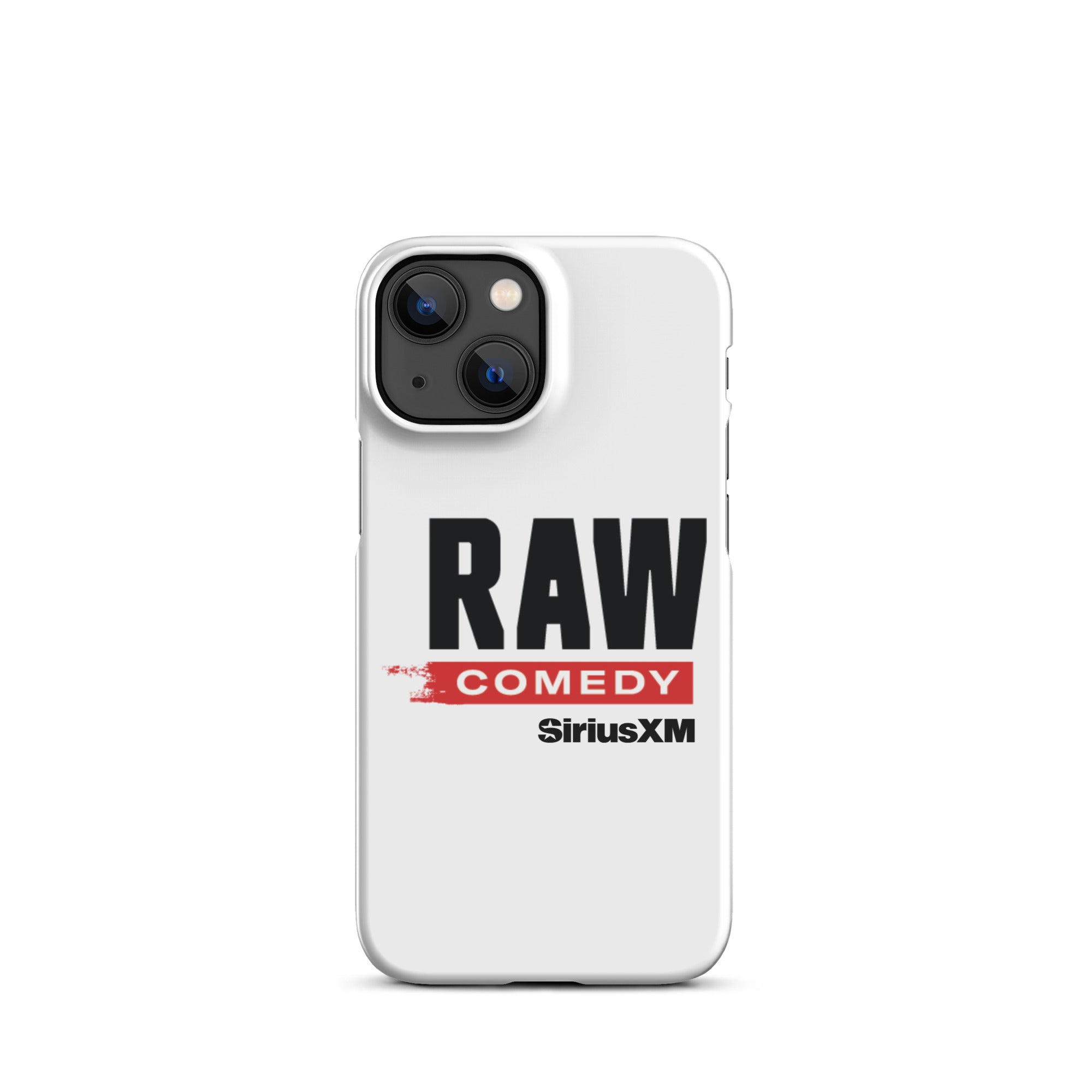 White phone case featuring the text 'RAW COMEDY' and the 'SiriusXM' logo.