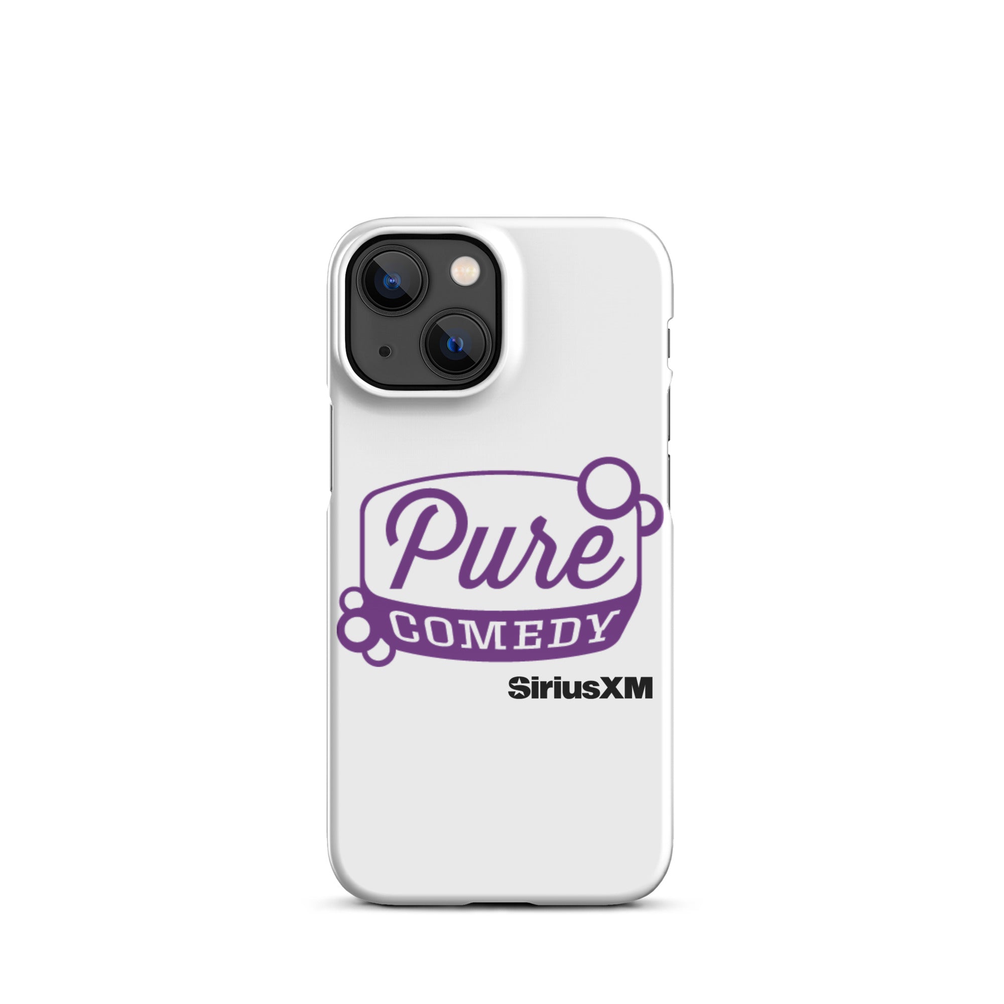 White phone case featuring 'Pure Comedy' in purple and 'SiriusXM' logo.