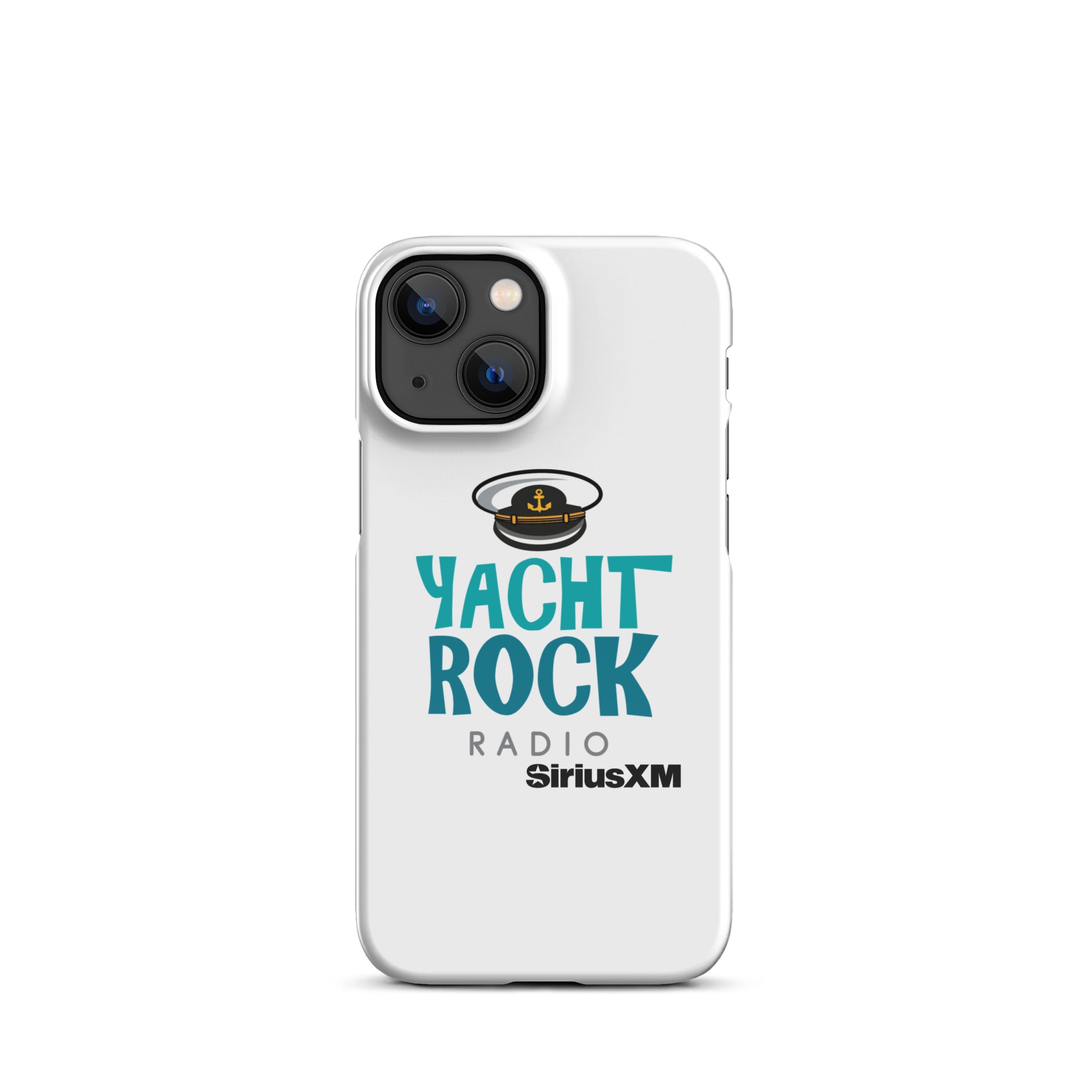 White phone case featuring 'Yacht Rock Radio' logo with a captain's hat and 'SiriusXM' branding.