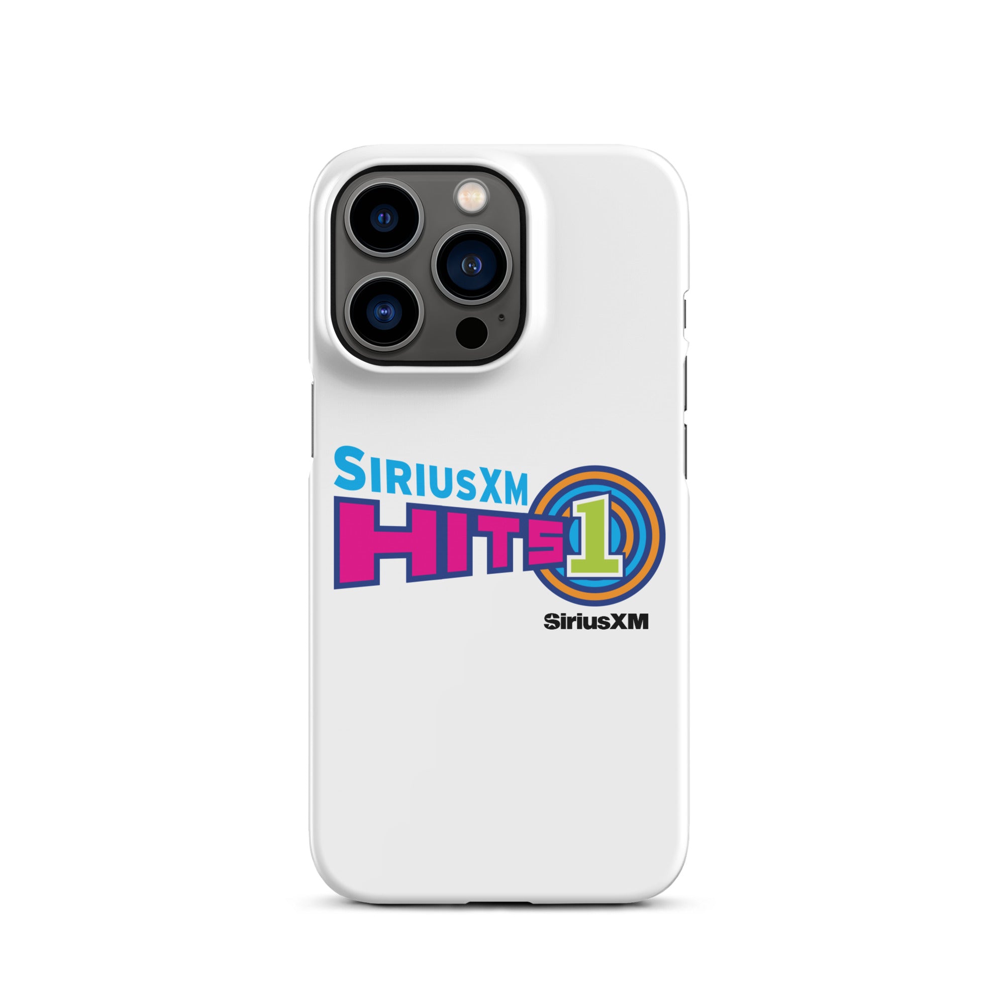 White phone case featuring the 'SiriusXM Hits 1' logo in vibrant colors and 'SiriusXM' branding underneath.