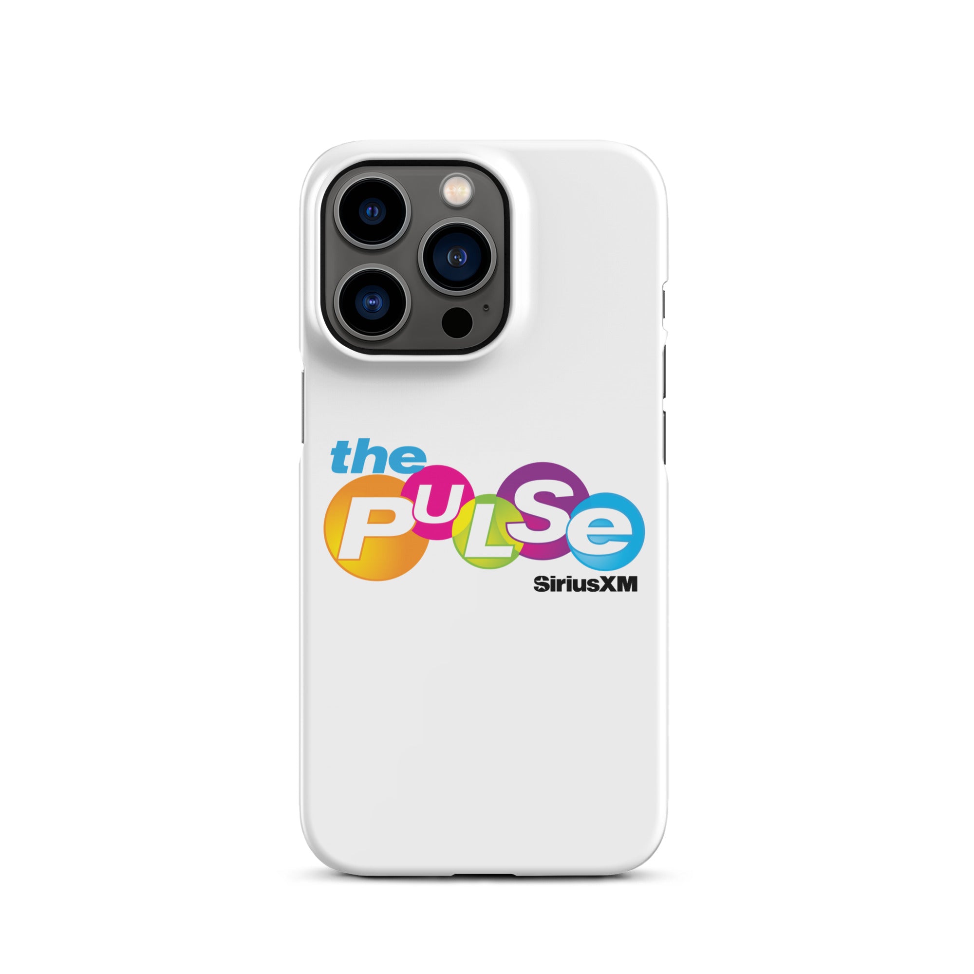 A white phone case featuring 'the PULSE' logo with vibrant colors and 'SiriusXM' branding.