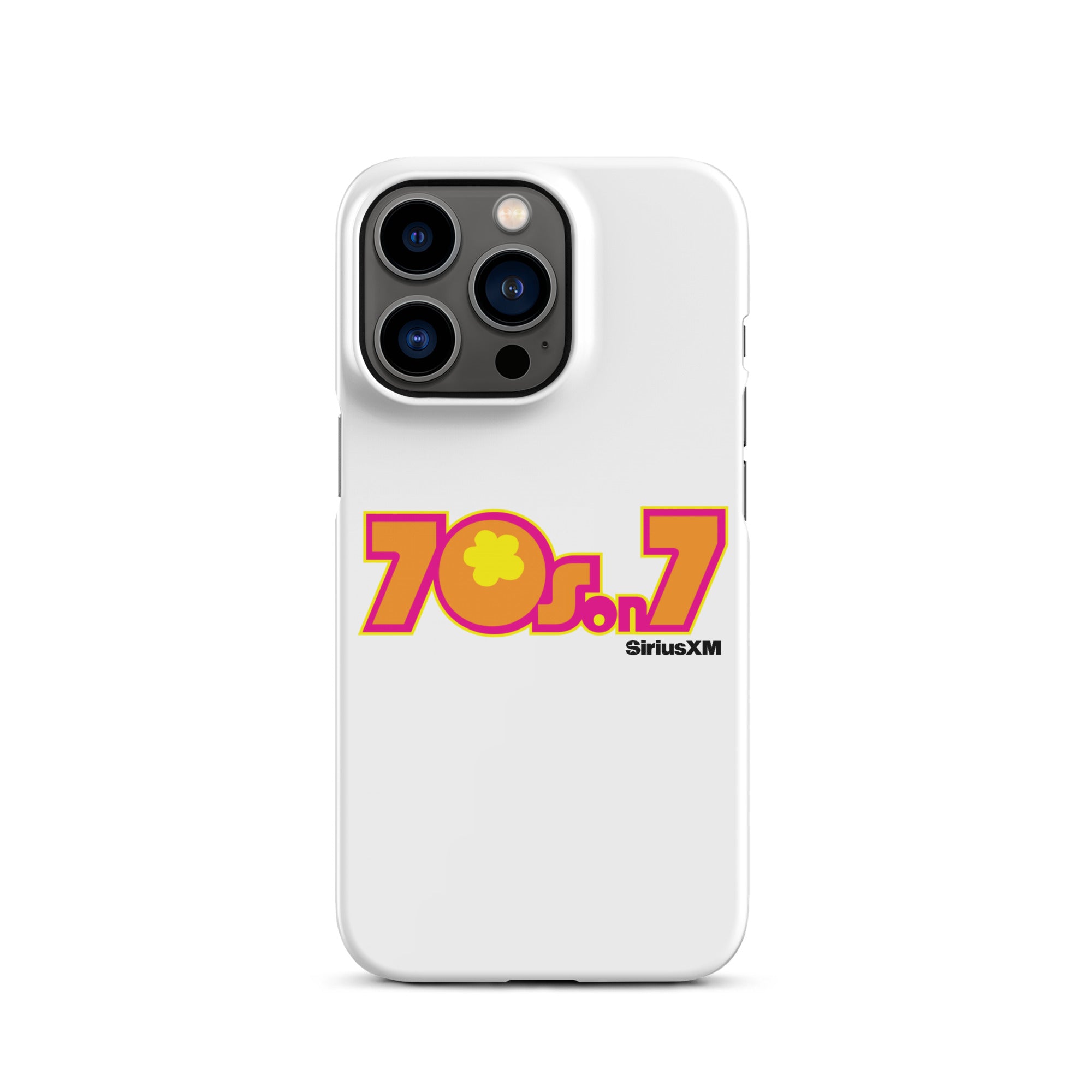 A white phone case featuring a colorful '70s on 7' logo with a flower and the 'SiriusXM' branding.