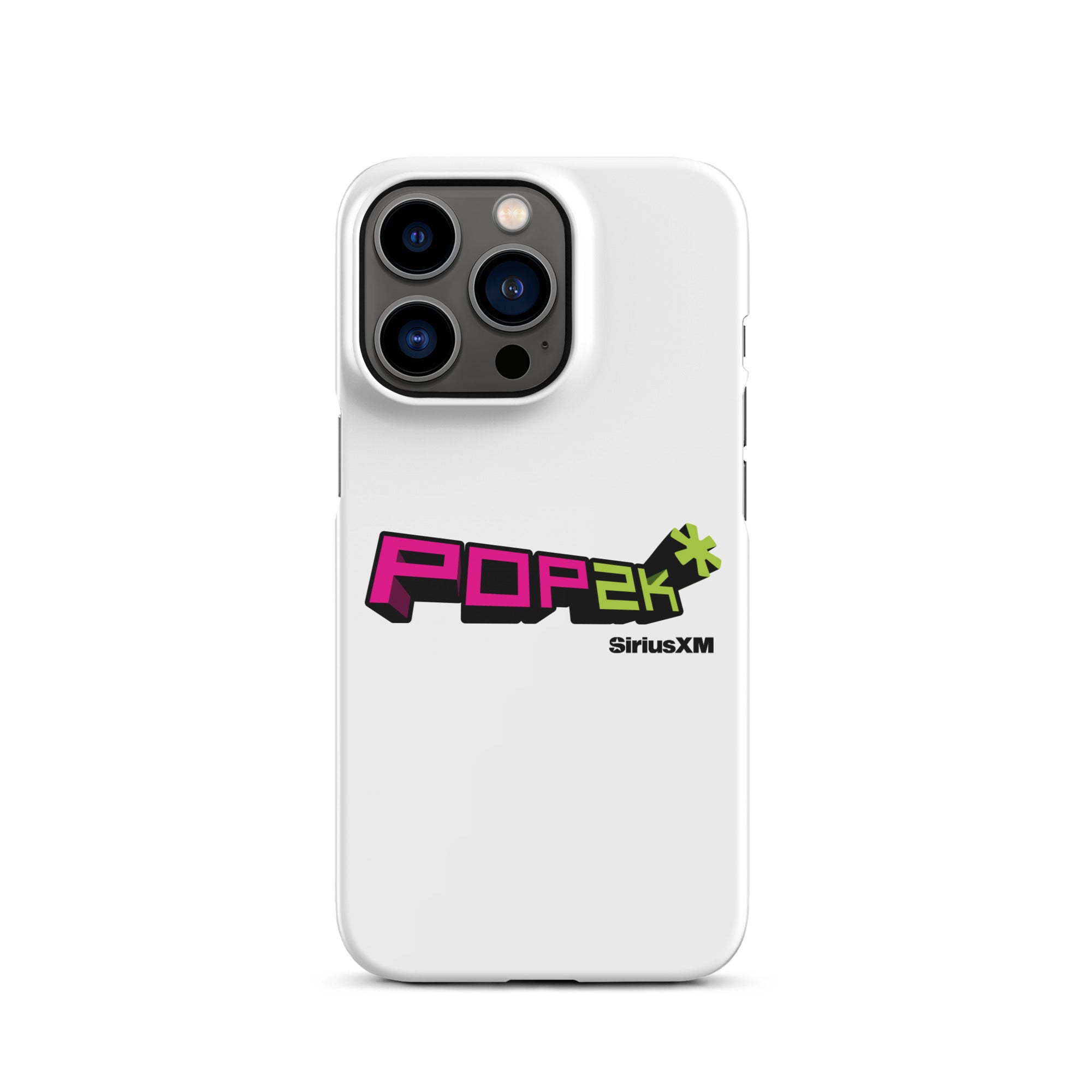 White phone case featuring the 'POP2K' logo in vibrant pink and green colors with 'SiriusXM' branding.