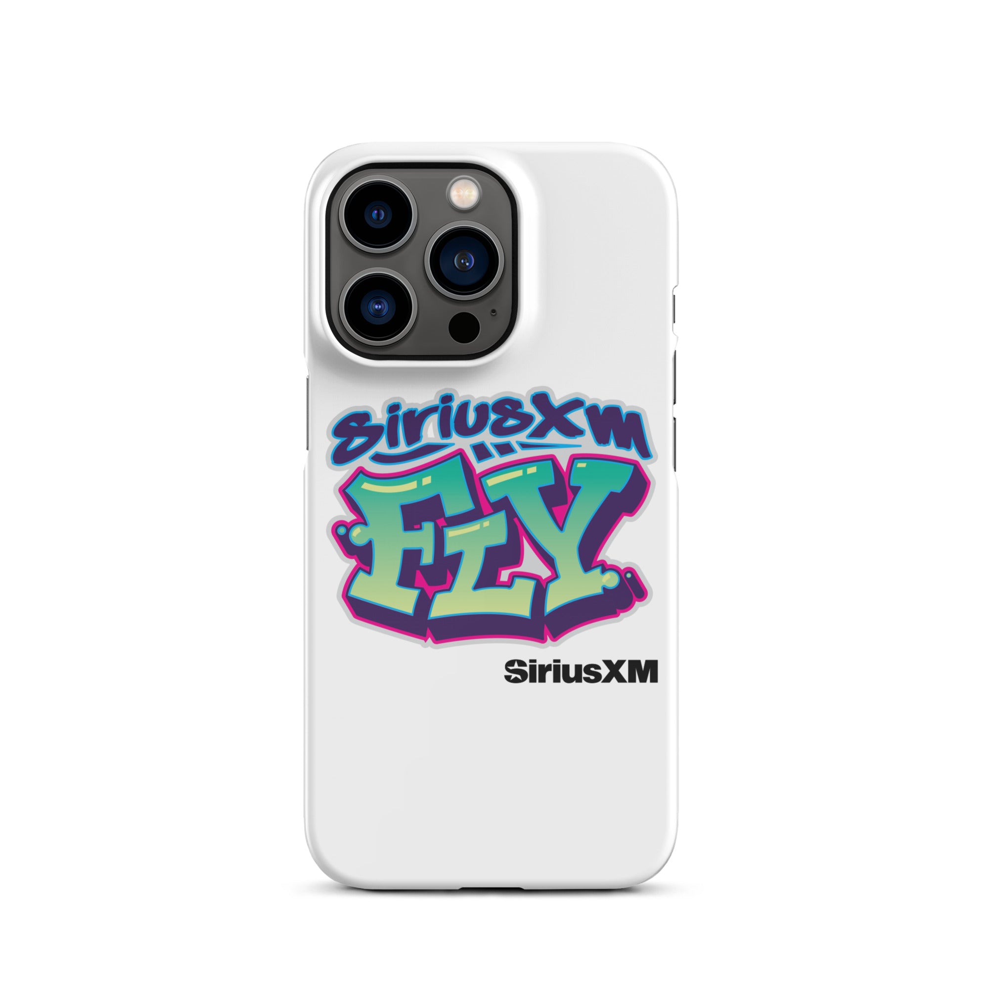 White phone case featuring colorful graffiti-style text: 'SiriusXM FLY' with 'SiriusXM' branding below.