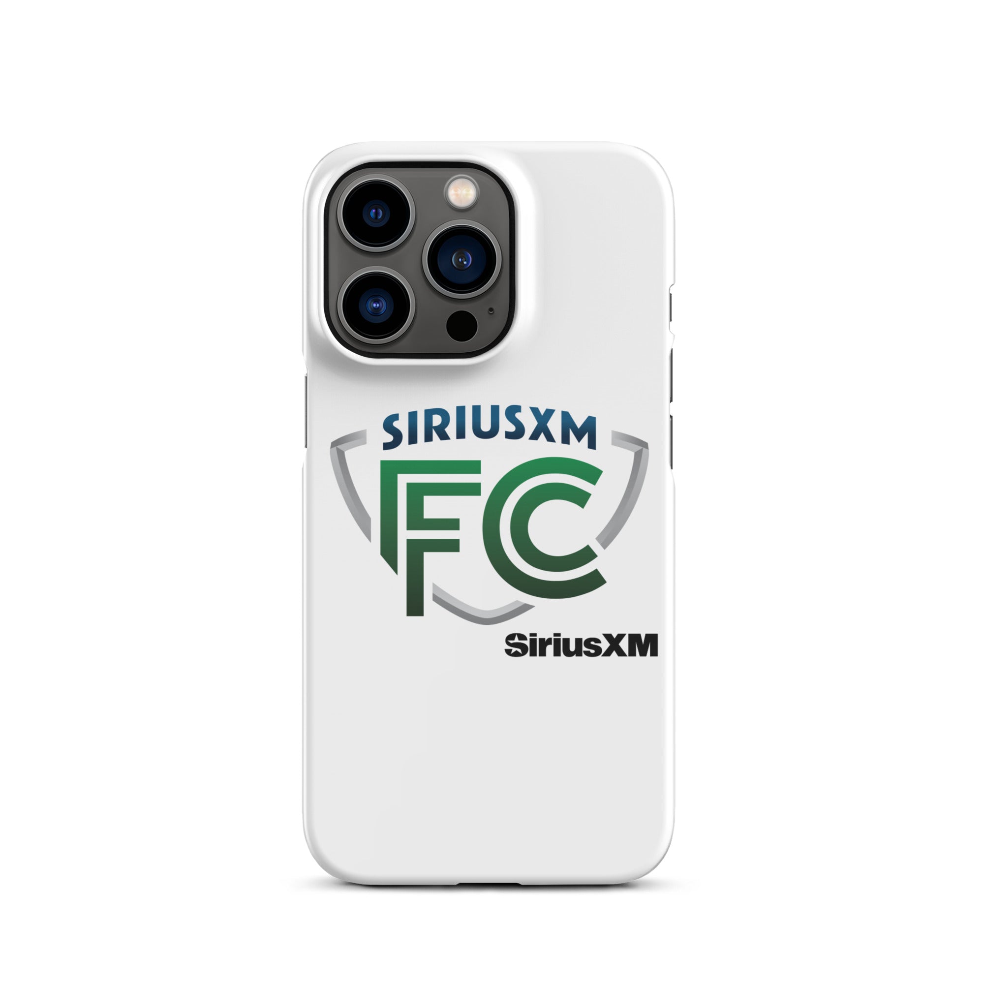 White phone case featuring the 'SiriusXM FC' logo in green and gray with 'SiriusXM' branding in black.