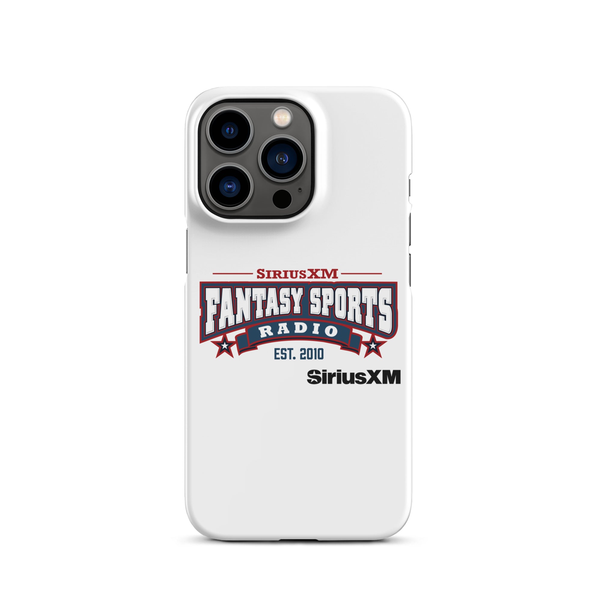 White phone case featuring the 'SiriusXM Fantasy Sports Radio Established 2010' logo with stars, banners and black 'SiriusXM' branding underneath.