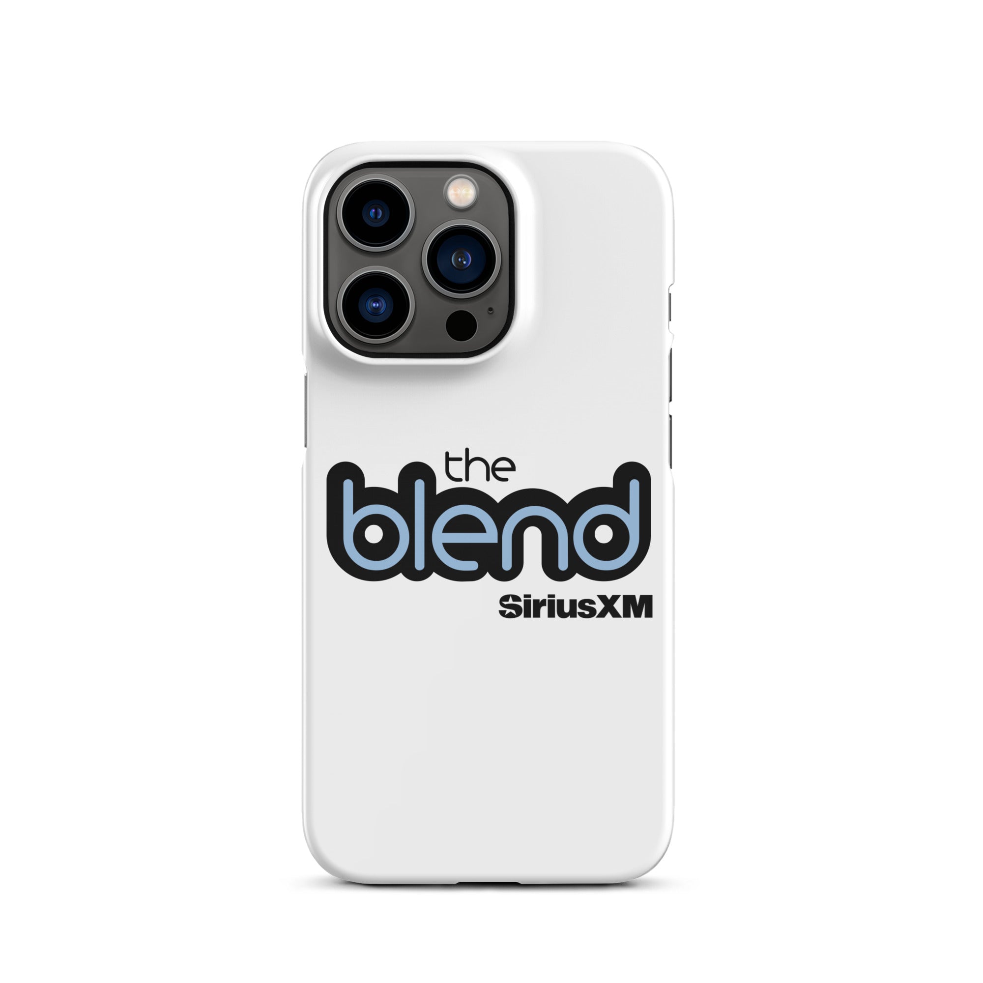 White phone case featuring the logo 'the blend' in black and blue and the 'SiriusXM' logo.