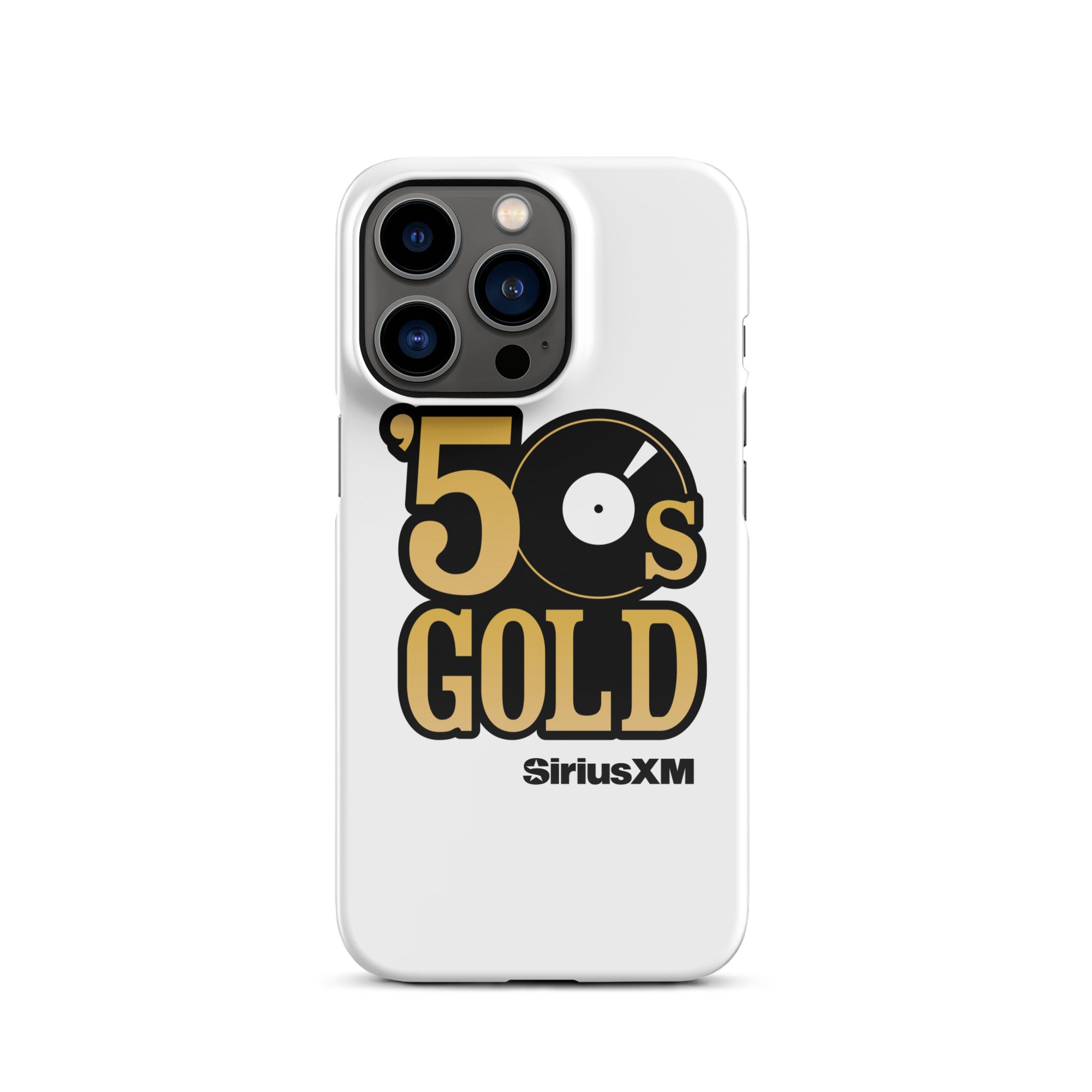 White phone case featuring '50s GOLD' logo with a record icon and 'SiriusXM' branding.