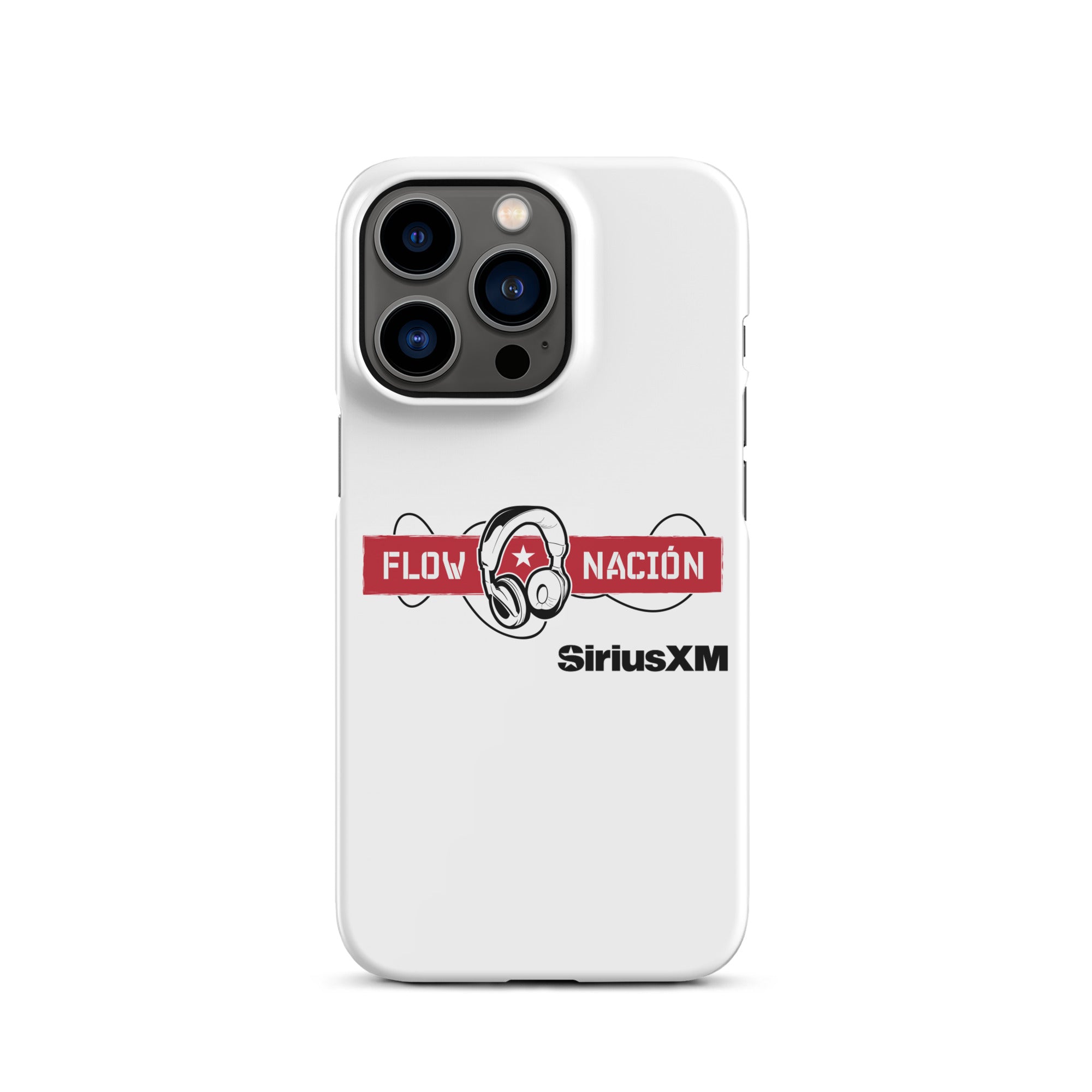 White phone case featuring 'FLOW NACION' with headphones logo and 'SiriusXM' branding.