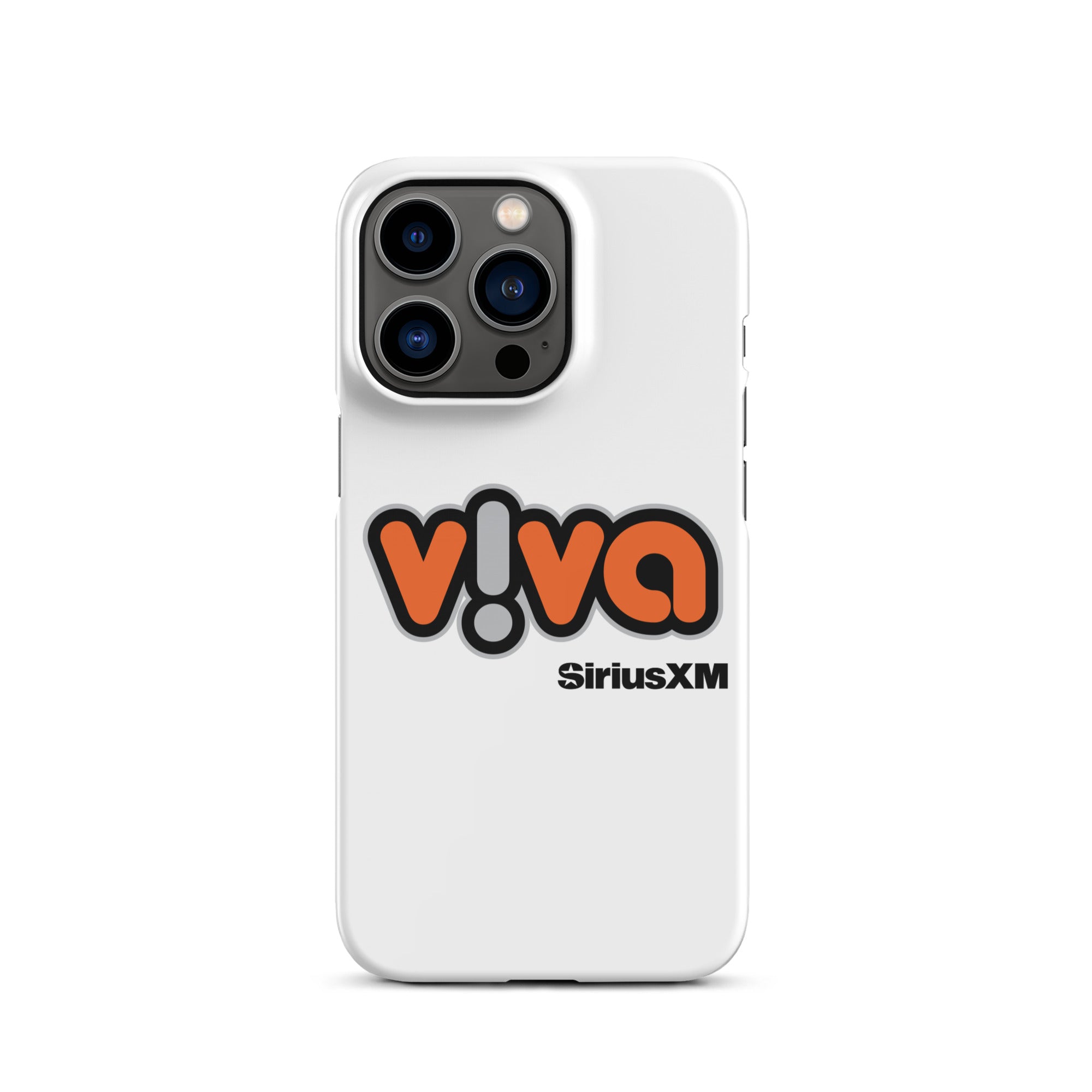 White phone case featuring the 'v!va' logo with 'SiriusXM' branding.