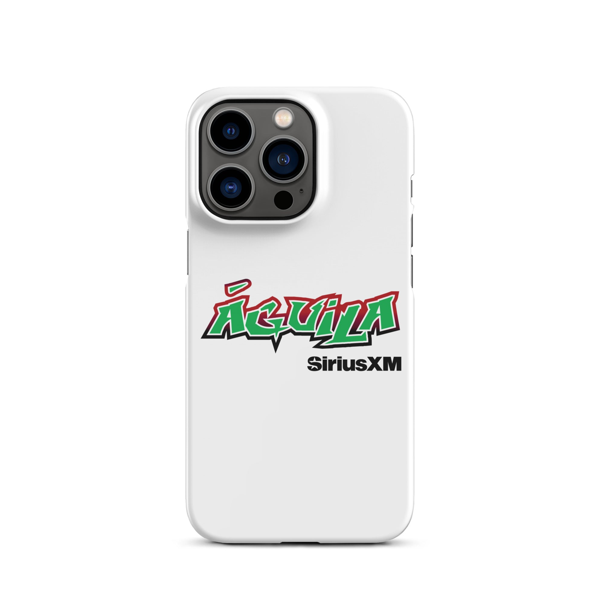 White phone case featuring the word 'Águila' in bold green and red letters, and 'SiriusXM' in black.