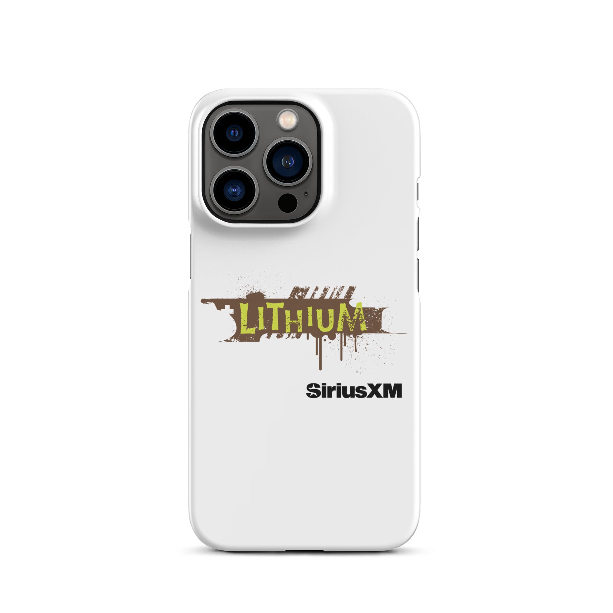 A white phone case featuring the 'LITHIUM' logo in green and brown, with 'SiriusXM' below it.