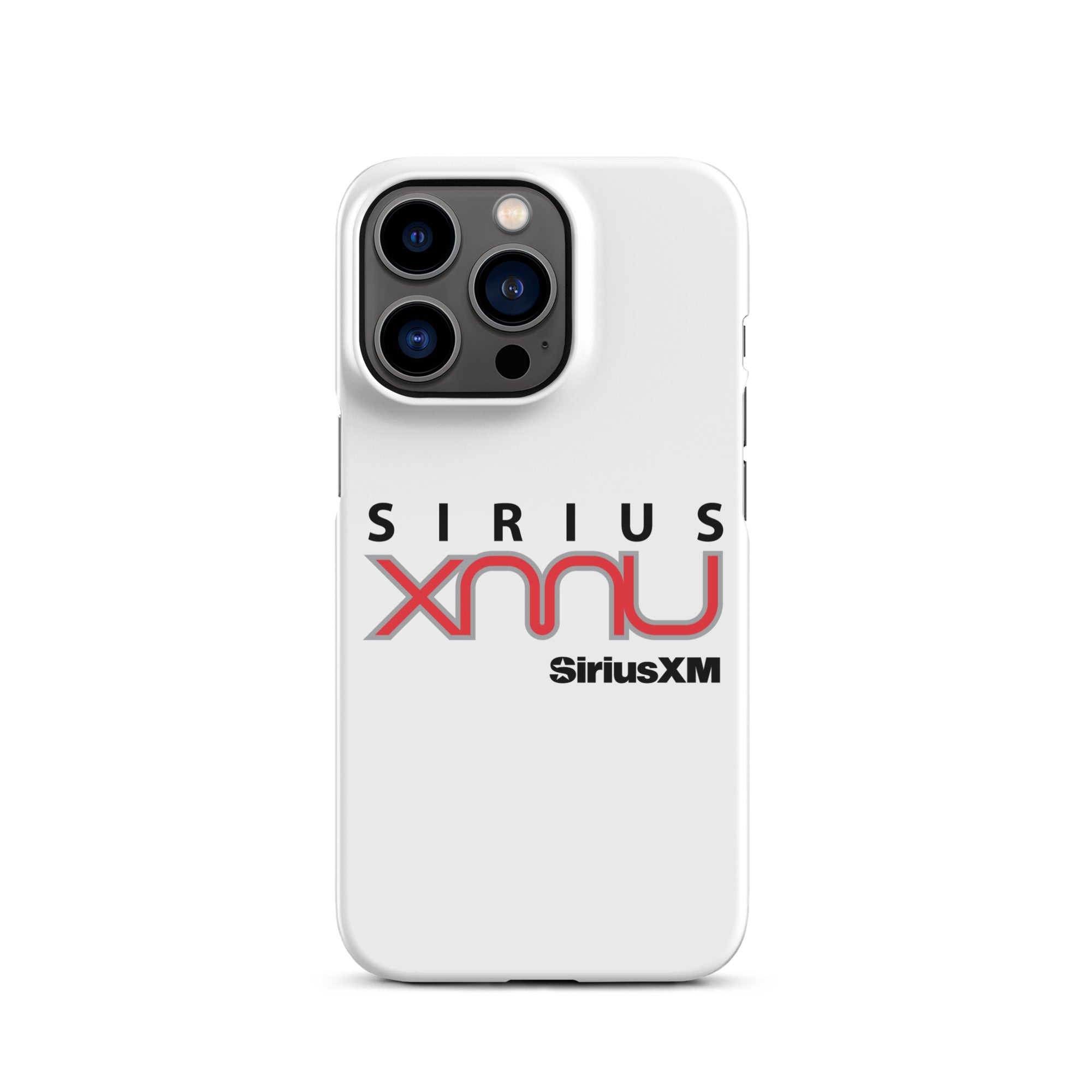 White phone case featuring the 'SiriusXM' logo with 'SIRIUS XMU' text in black and red.