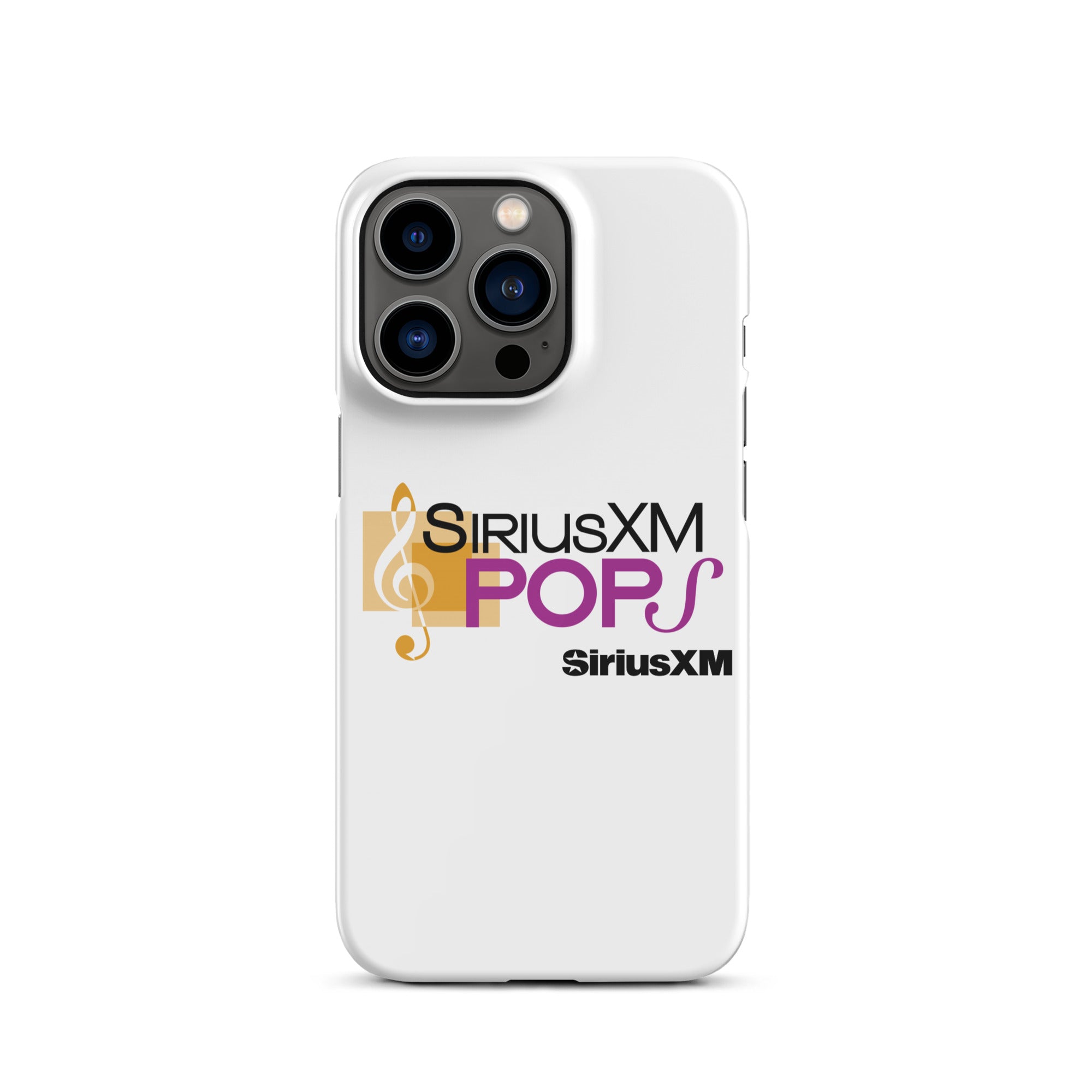 A white phone case featuring the 'SiriusXM POPS' logo in purple with a gold musical note design and 'SiriusXM' branding.