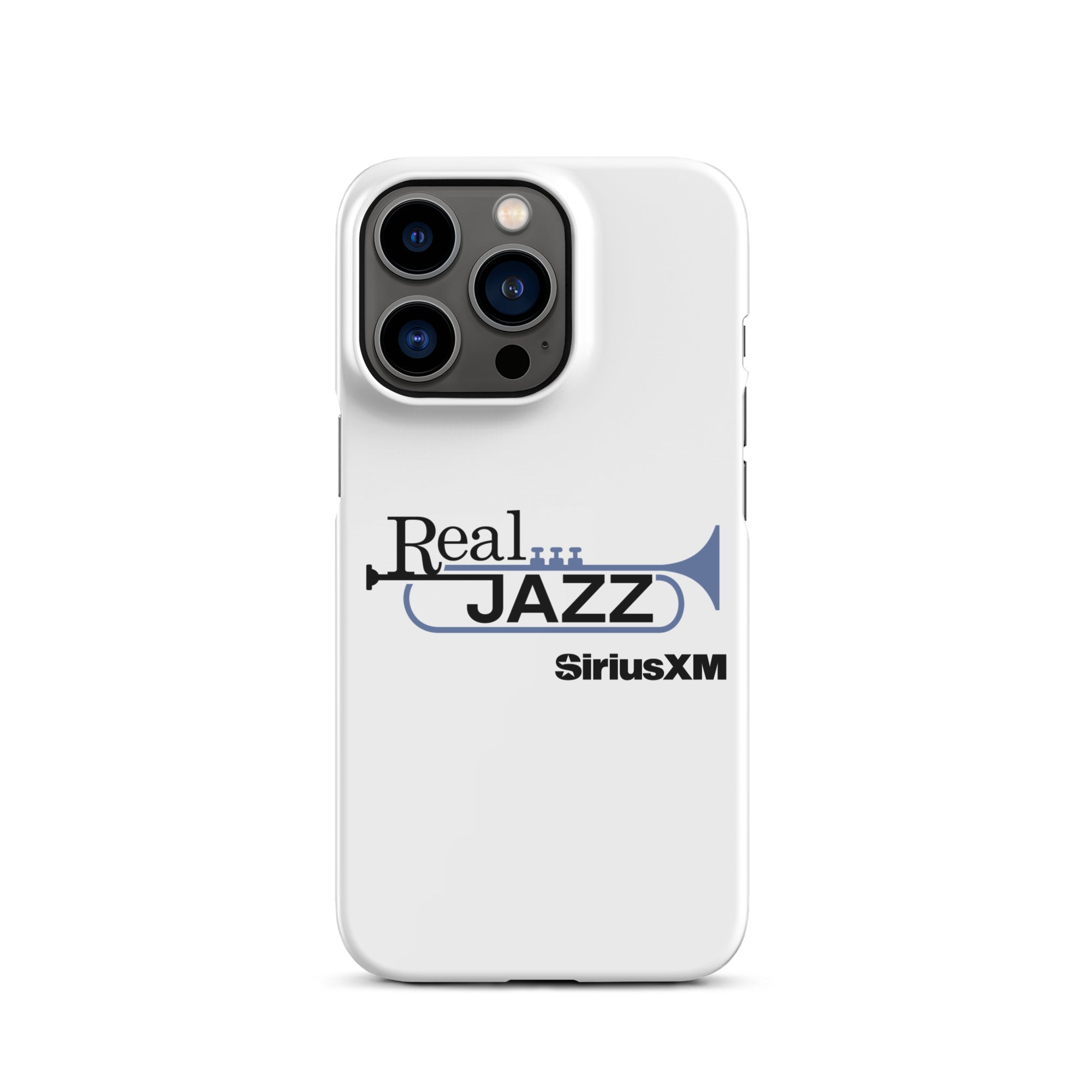 White phone case with 'Real Jazz' text and trumpet logo, featuring 'SiriusXM' branding.