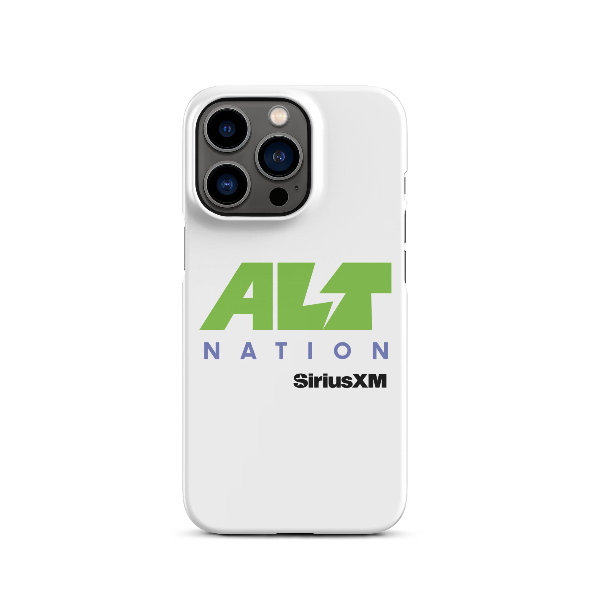 White phone case featuring the 'ALT NATION' logo in green and blue, alongside the 'SiriusXM' logo.