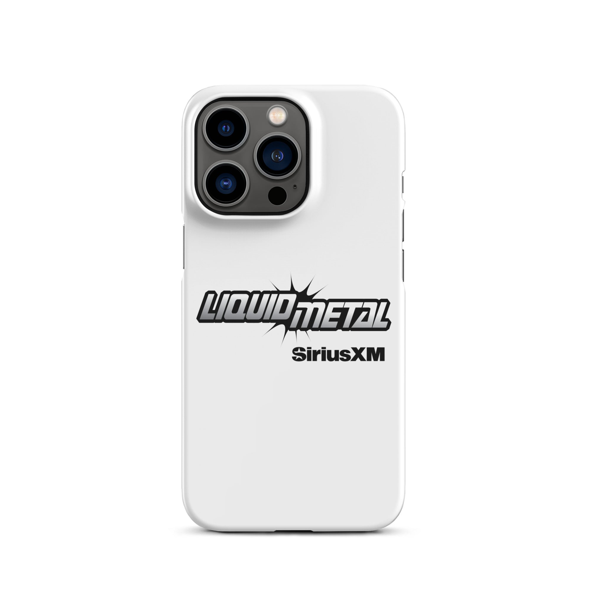 White phone case featuring the 'LIQUID METAL' logo with 'SiriusXM' underneath in a bold design.