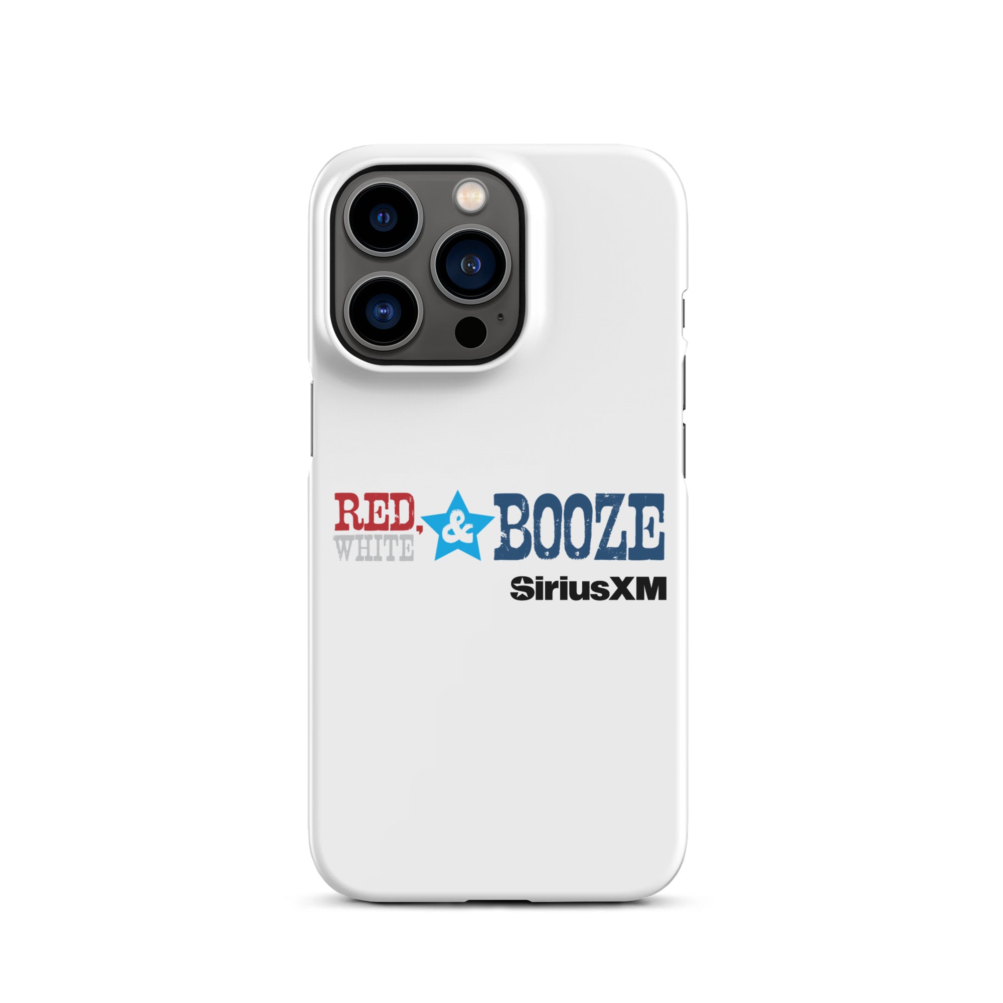 White phone case design with 'RED, WHITE & BOOZE' and 'SiriusXM' logos in red, blue, and black.