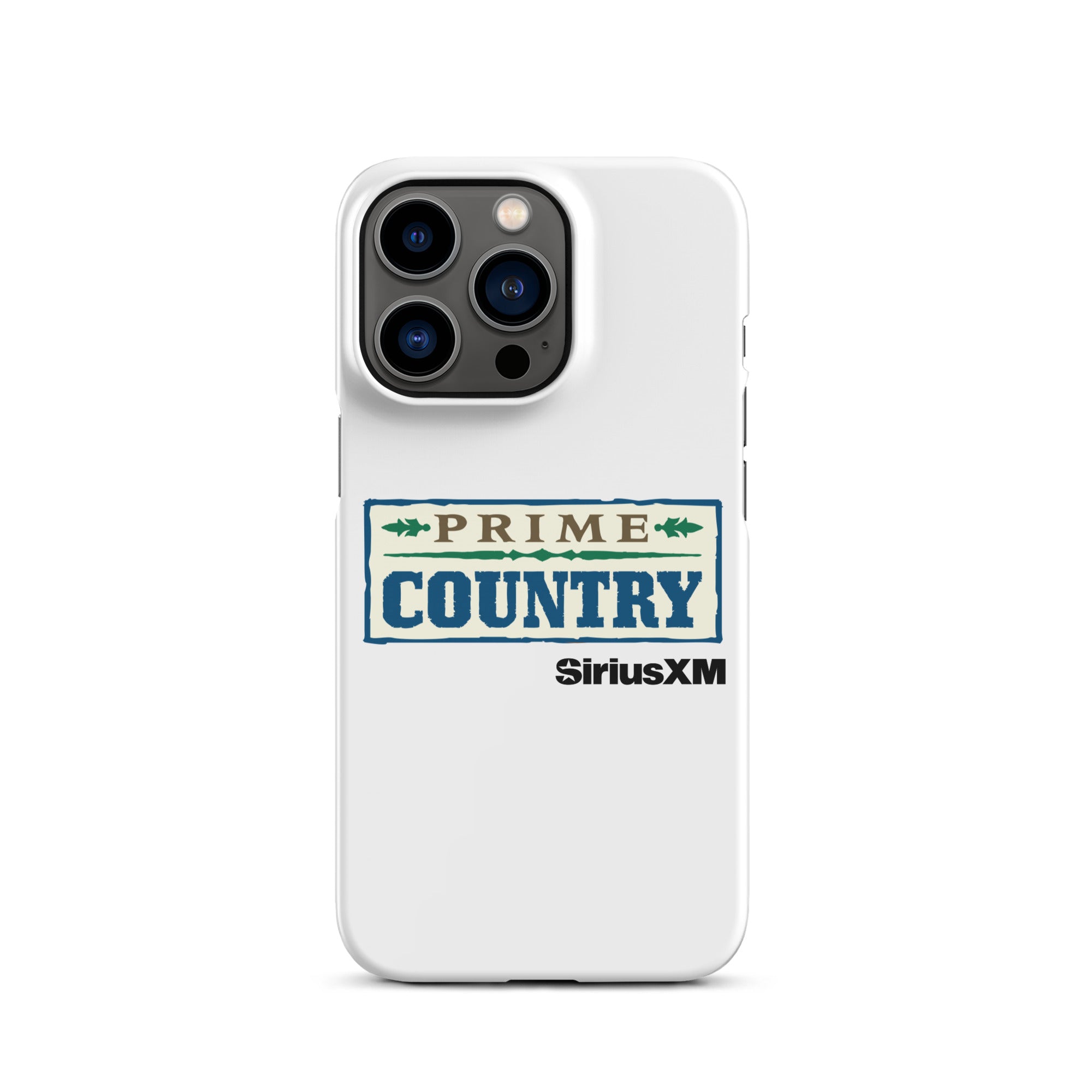 White phone case featuring the 'PRIME COUNTRY' logo and 'SiriusXM' branding.