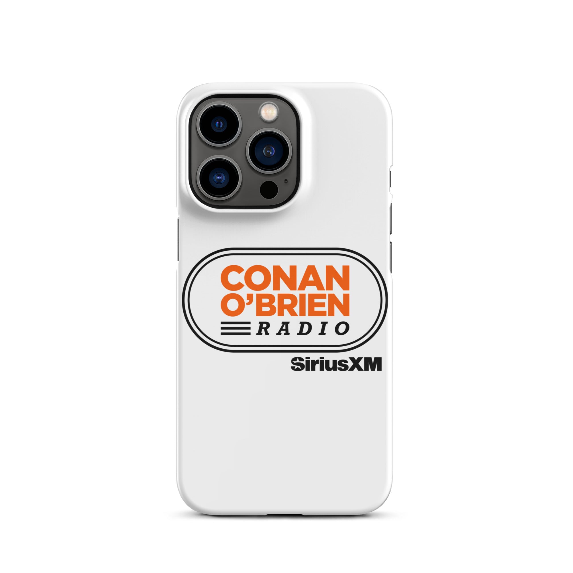 White phone case featuring 'Conan O'Brien Radio' logo and 'SiriusXM' branding.