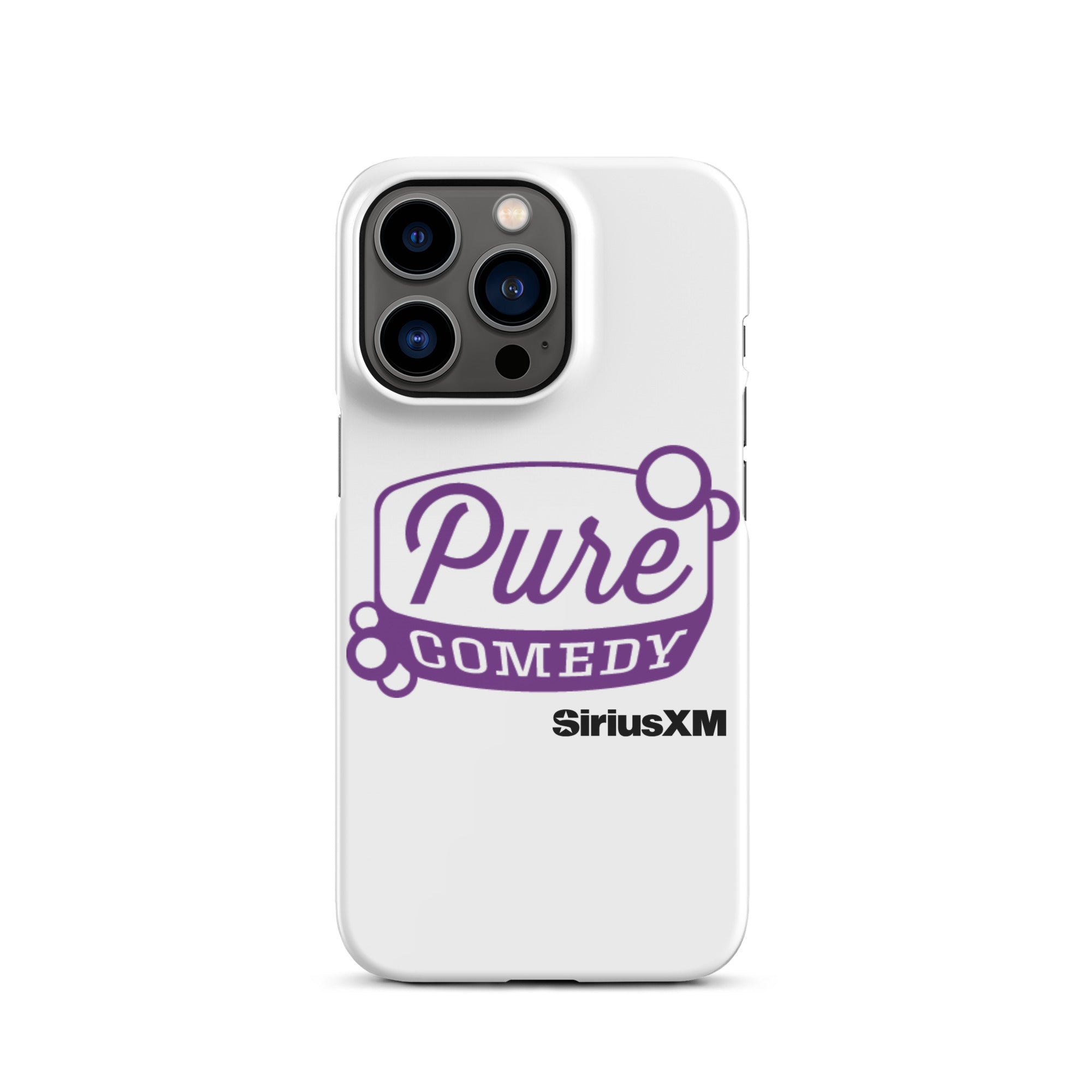 White phone case featuring 'Pure Comedy' in purple and 'SiriusXM' logo.