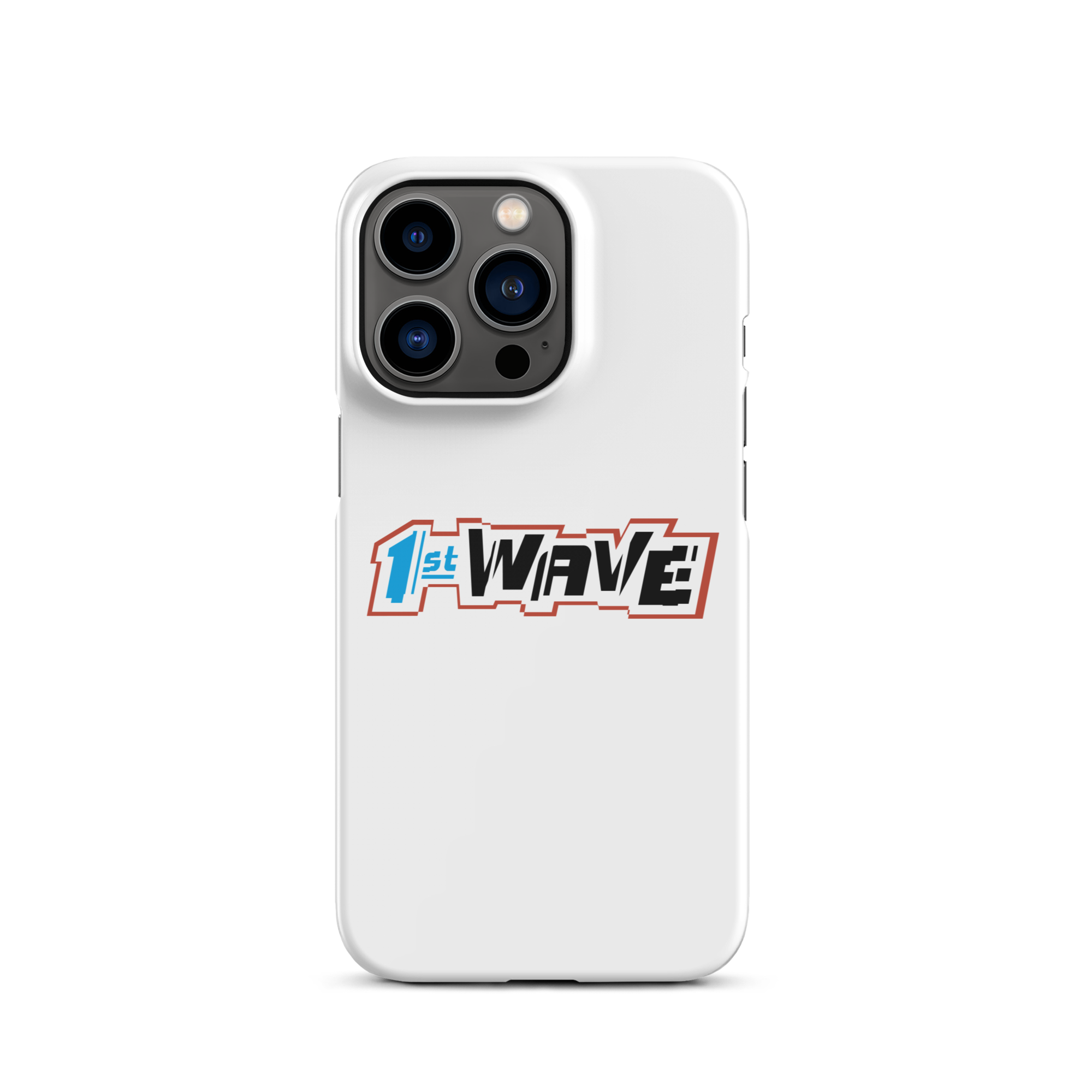 White phone case featuring the text '1st WAVE' in bold, colorful typography on a black background.