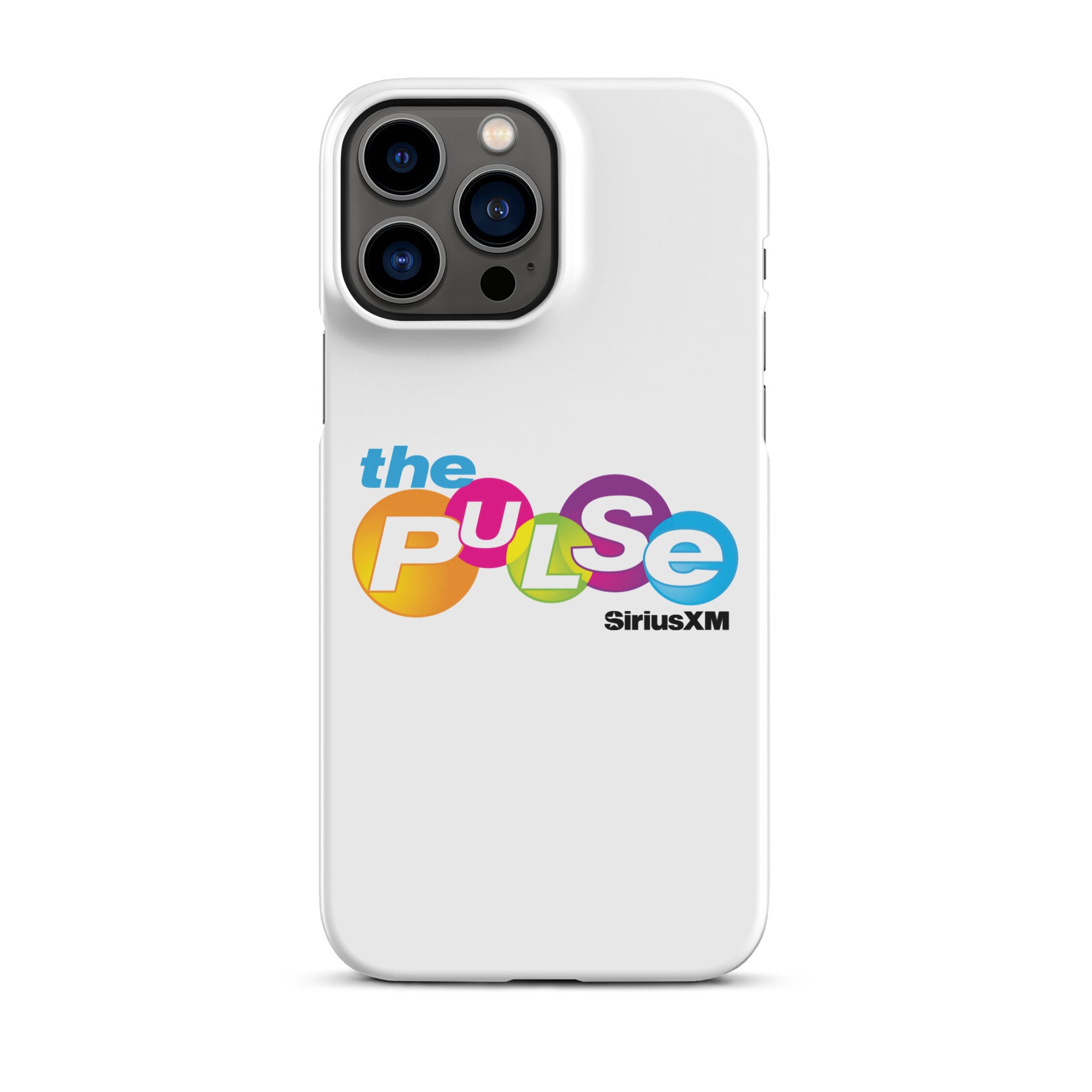 A white phone case featuring 'the PULSE' logo with vibrant colors and 'SiriusXM' branding.