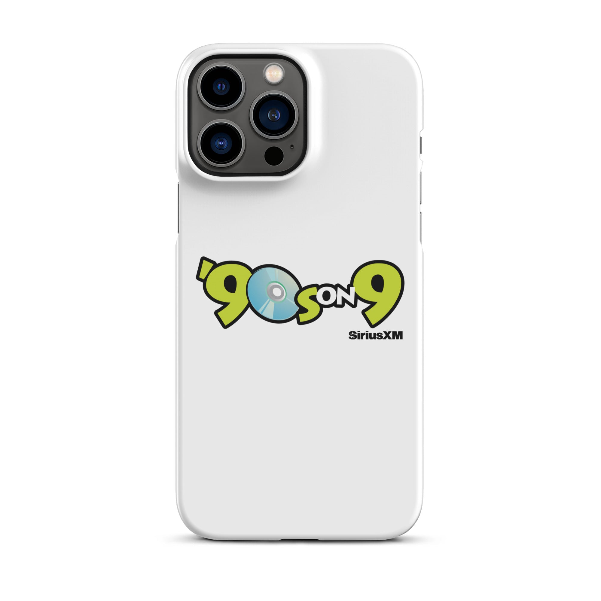 White phone case featuring the '90s on 9' logo with CD graphic and 'SiriusXM' branding.