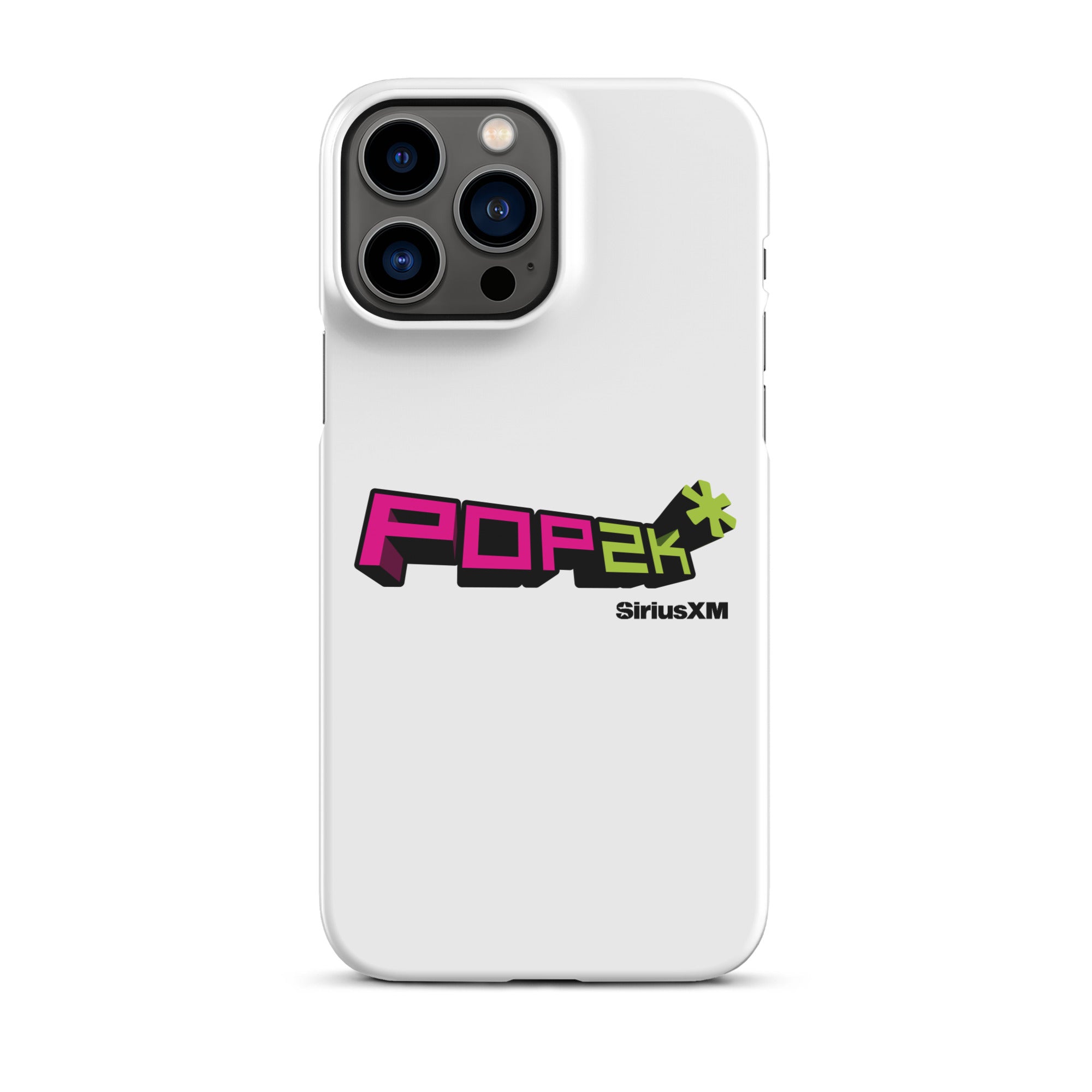 White phone case featuring the 'POP2K' logo in vibrant pink and green colors with 'SiriusXM' branding.