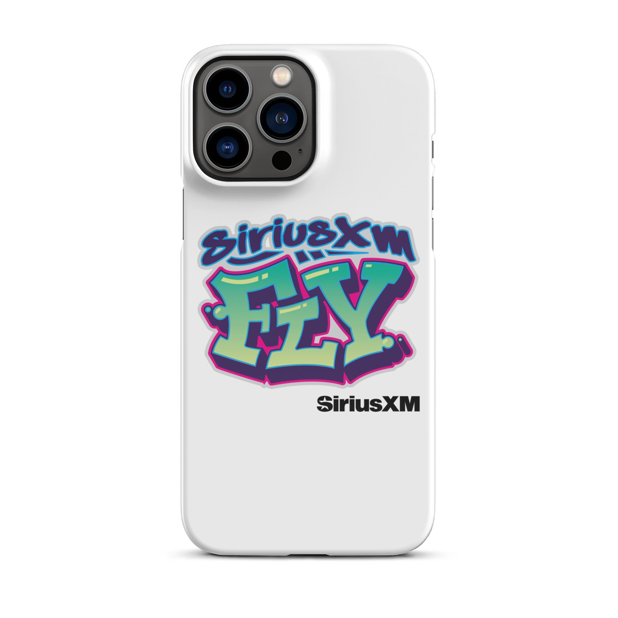 White phone case featuring colorful graffiti-style text: 'SiriusXM FLY' with 'SiriusXM' branding below.