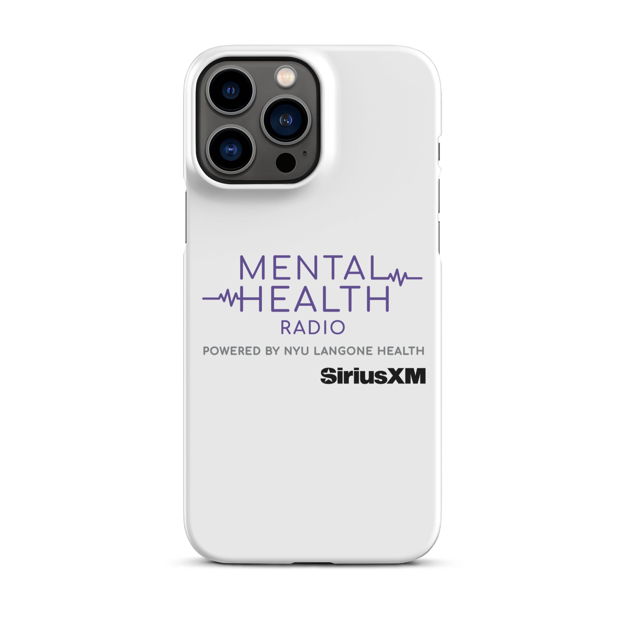 White phone case featuring 'Mental Health Radio powered by NYU Langone Health' logo and 'SiriusXM' branding.