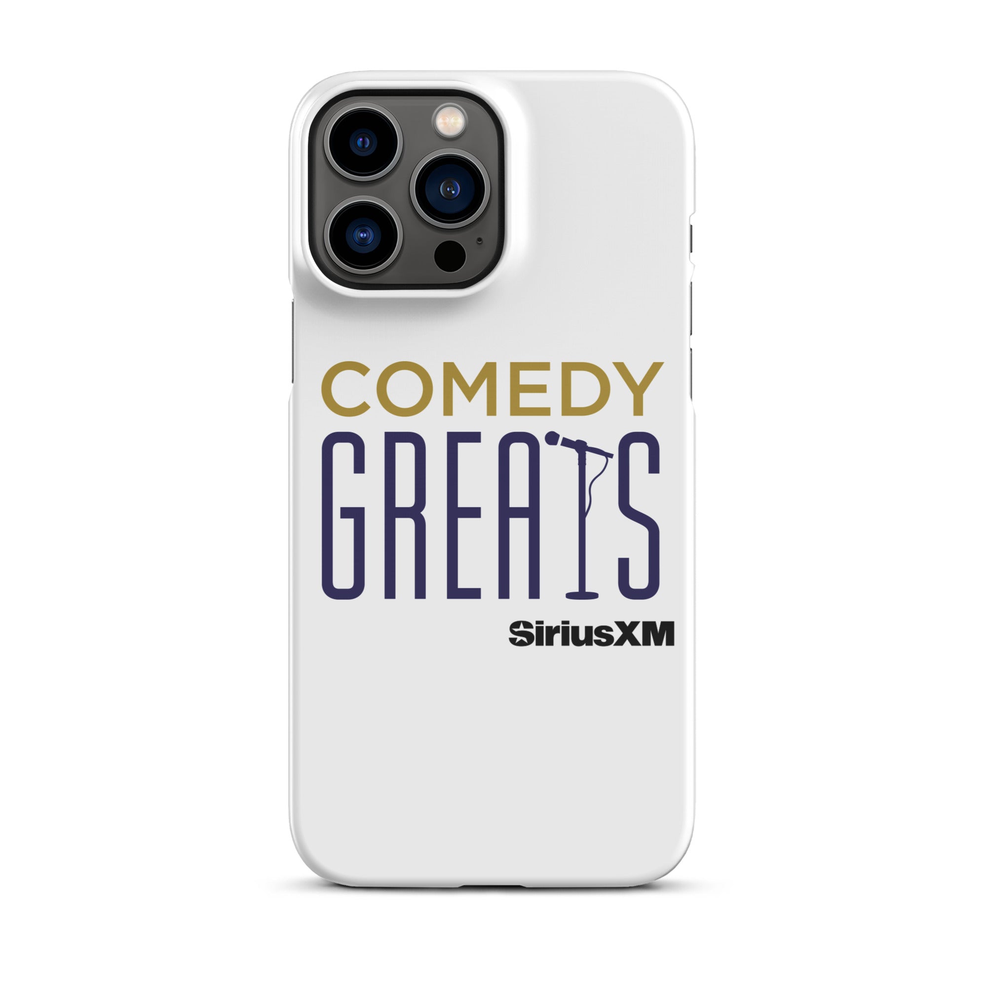 White phone case featuring the text 'COMEDY GREATS' and the 'SiriusXM' logo.