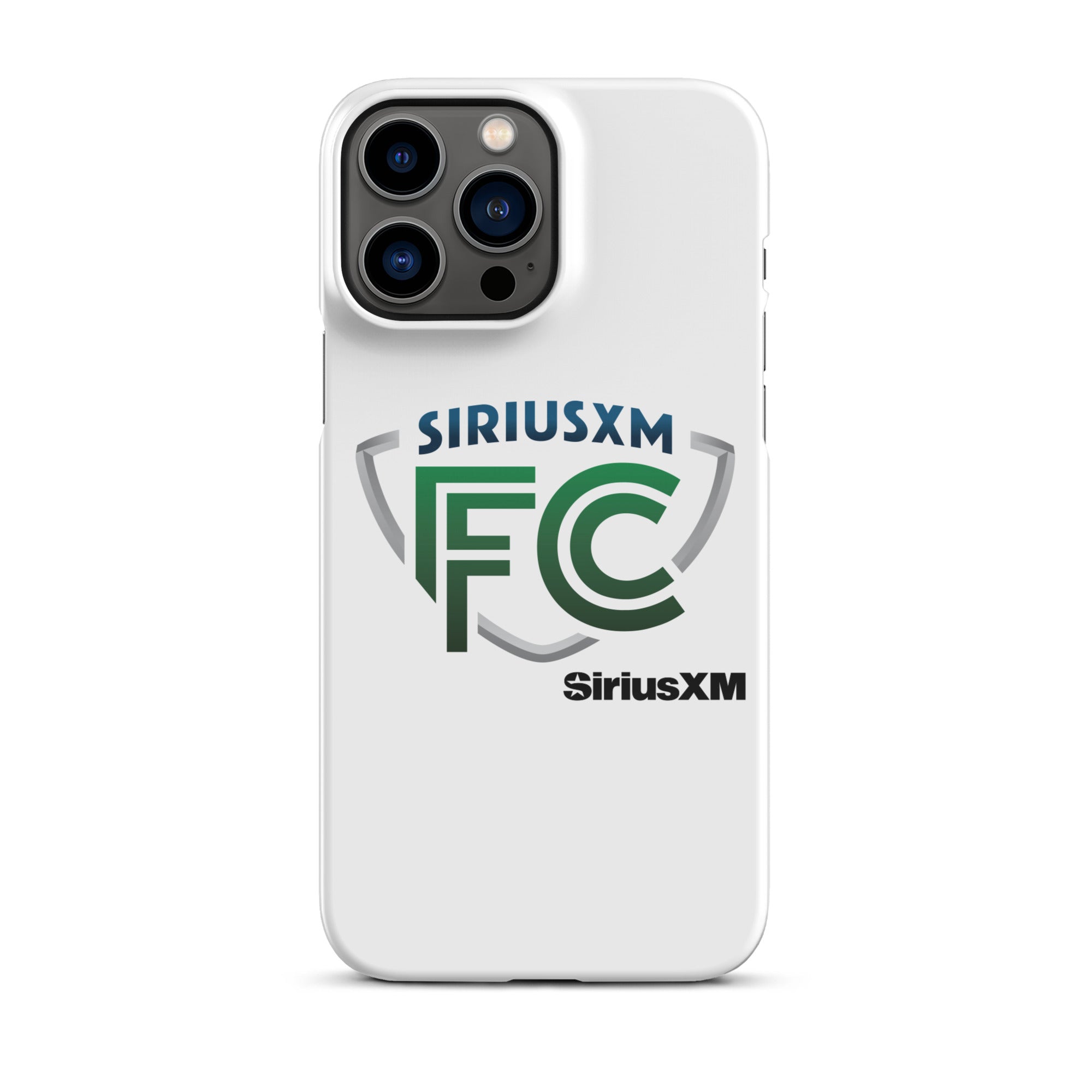 White phone case featuring the 'SiriusXM FC' logo in green and gray with 'SiriusXM' branding in black.