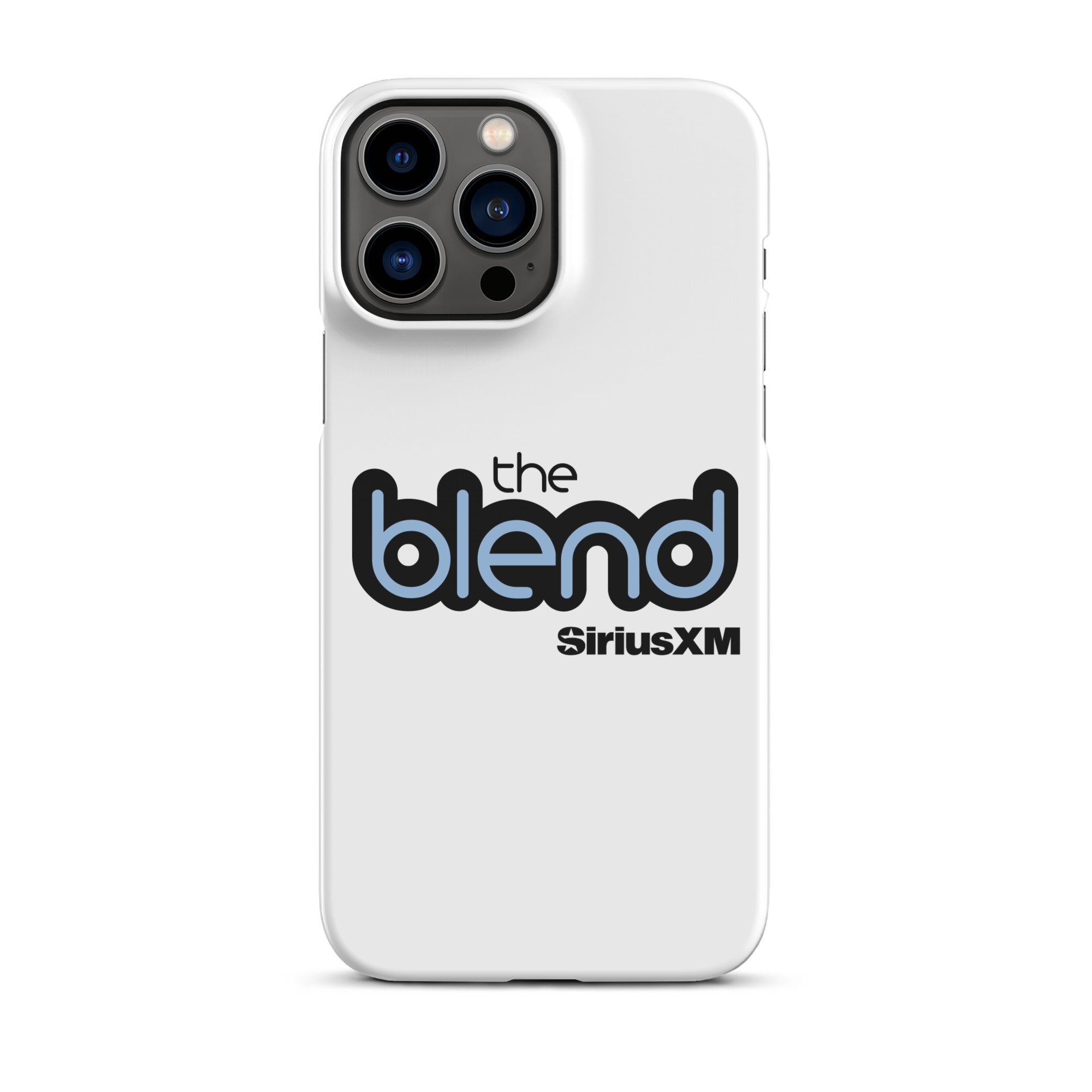 White phone case featuring the logo 'the blend' in black and blue and the 'SiriusXM' logo.