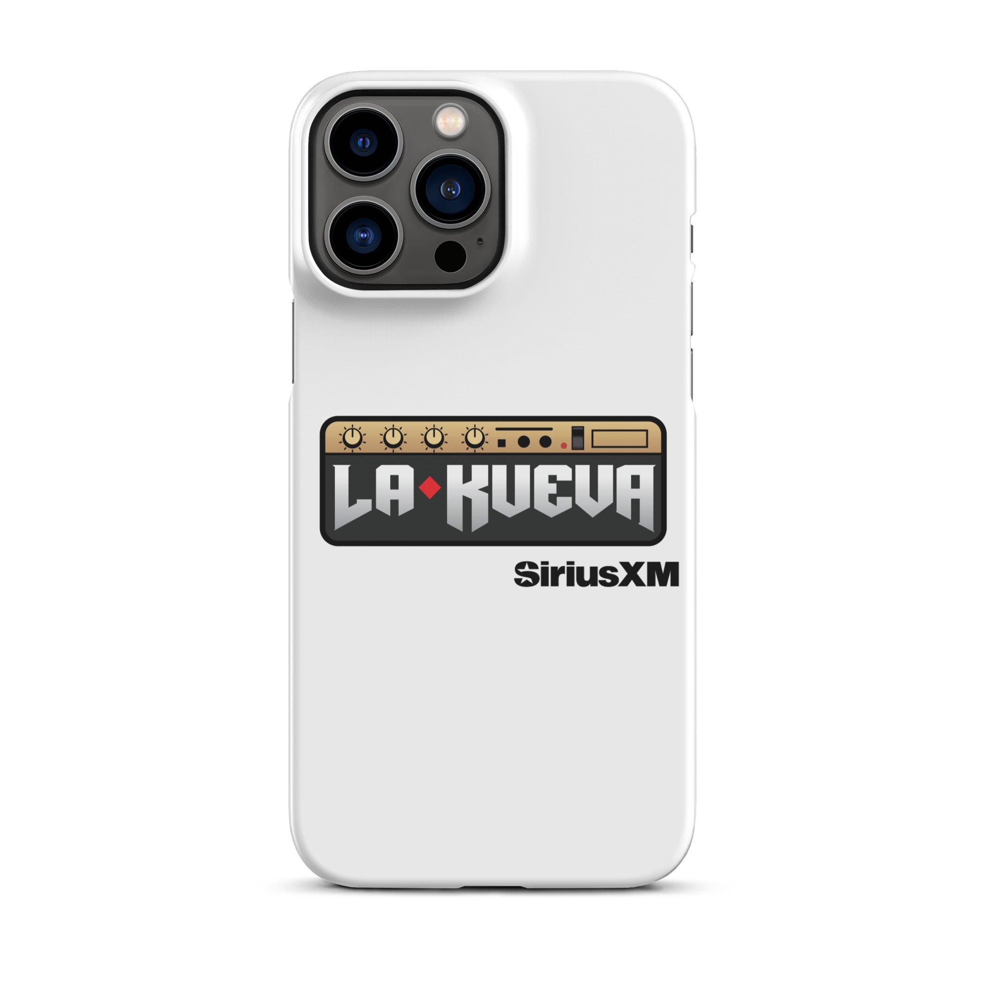 White phone case featuring 'LA KUEVA' and 'SiriusXM' logo with a graphic design resembling a sound mixer.