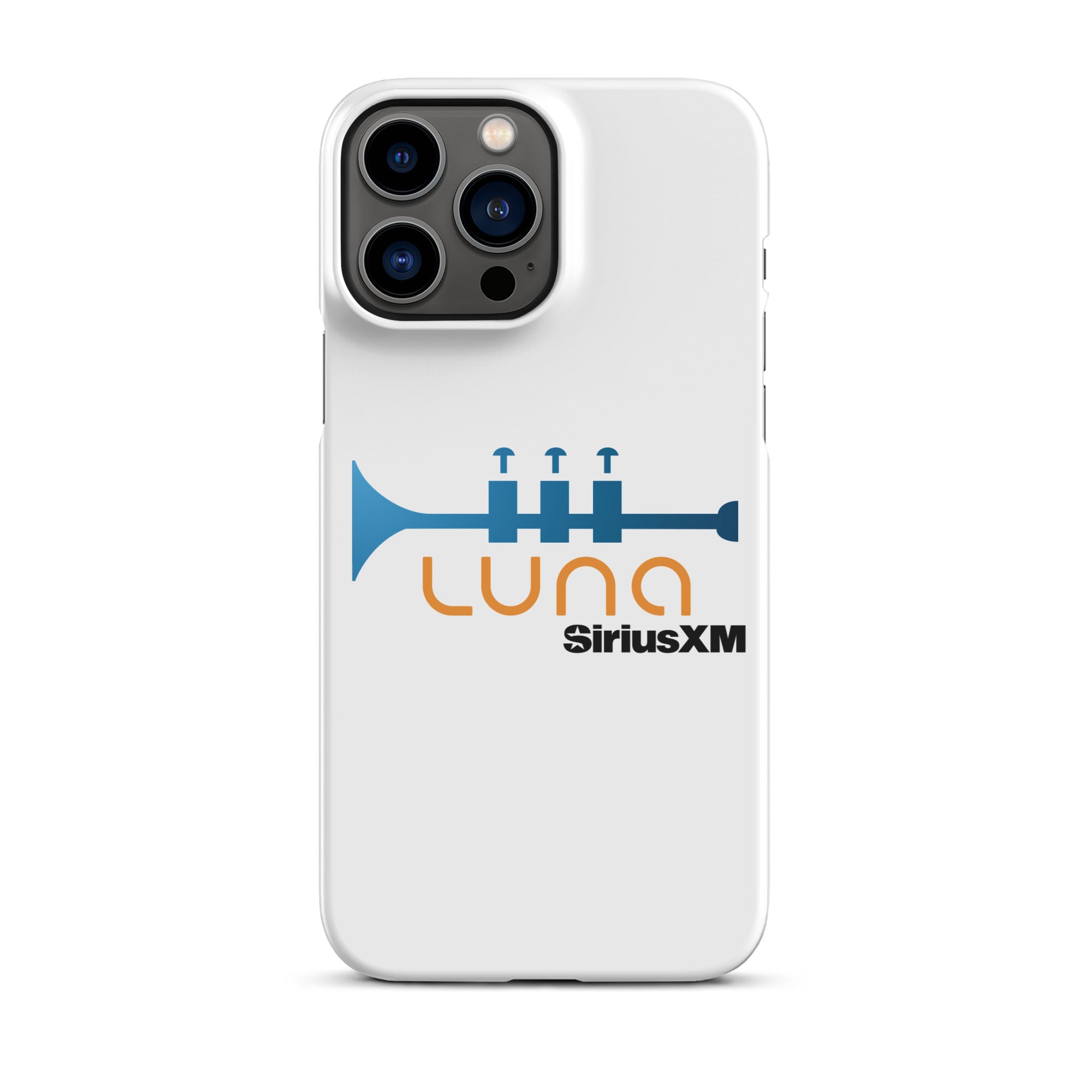 White phone case featuring a blue trumpet graphic in the orange 'LUNA' logo and 'SiriusXM' branding.