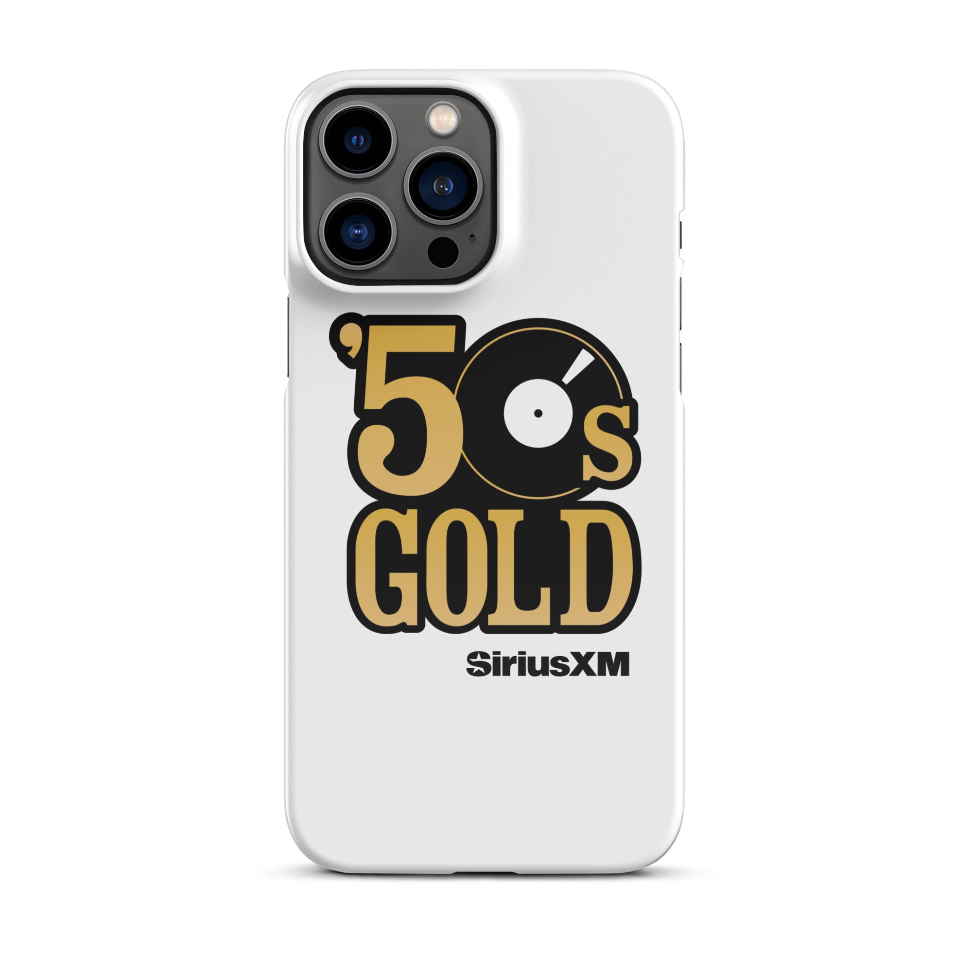 White phone case featuring '50s GOLD' logo with a record icon and 'SiriusXM' branding.