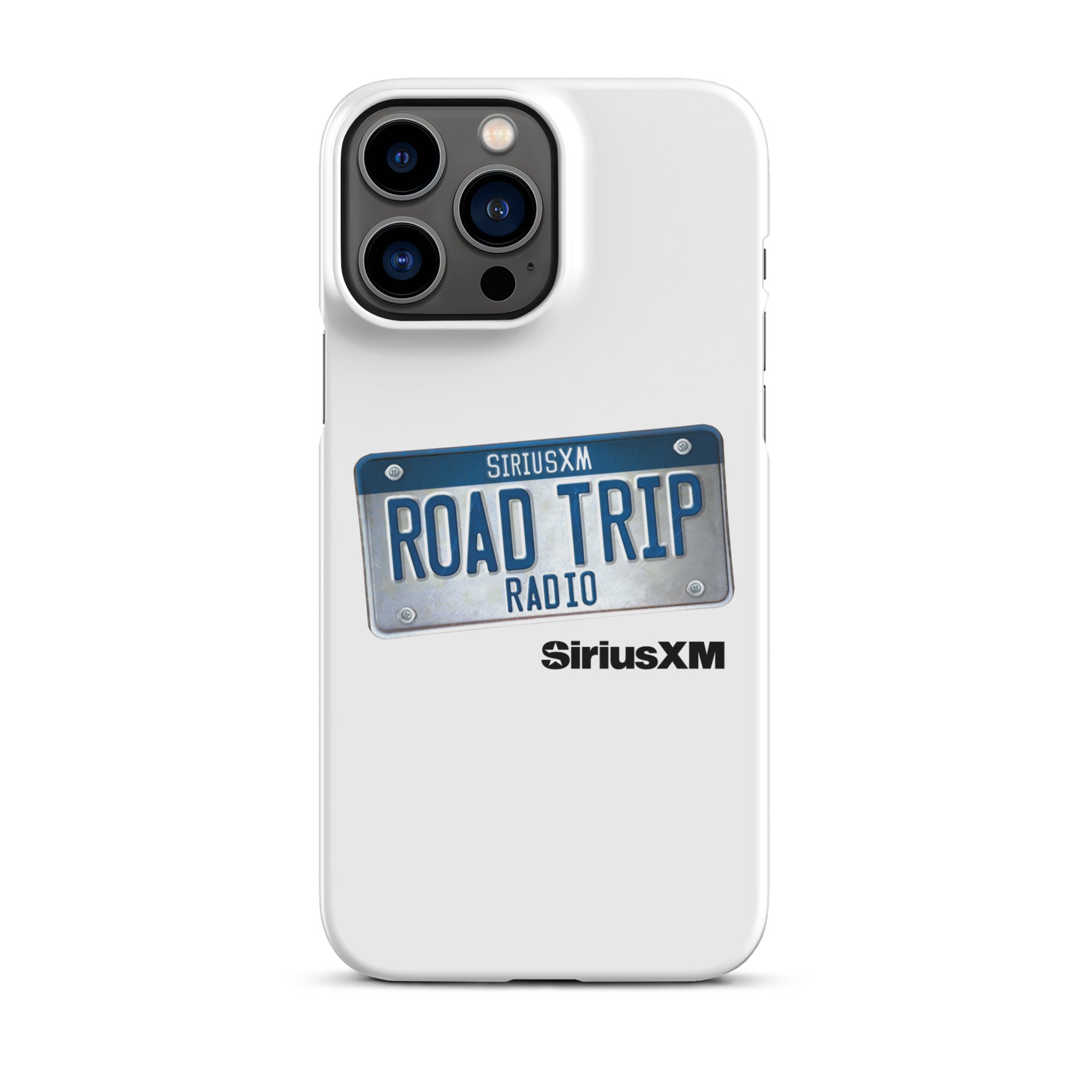 White phone case featuring a license plate design with 'ROAD TRIP RADIO' logo and 'SiriusXM' branding.