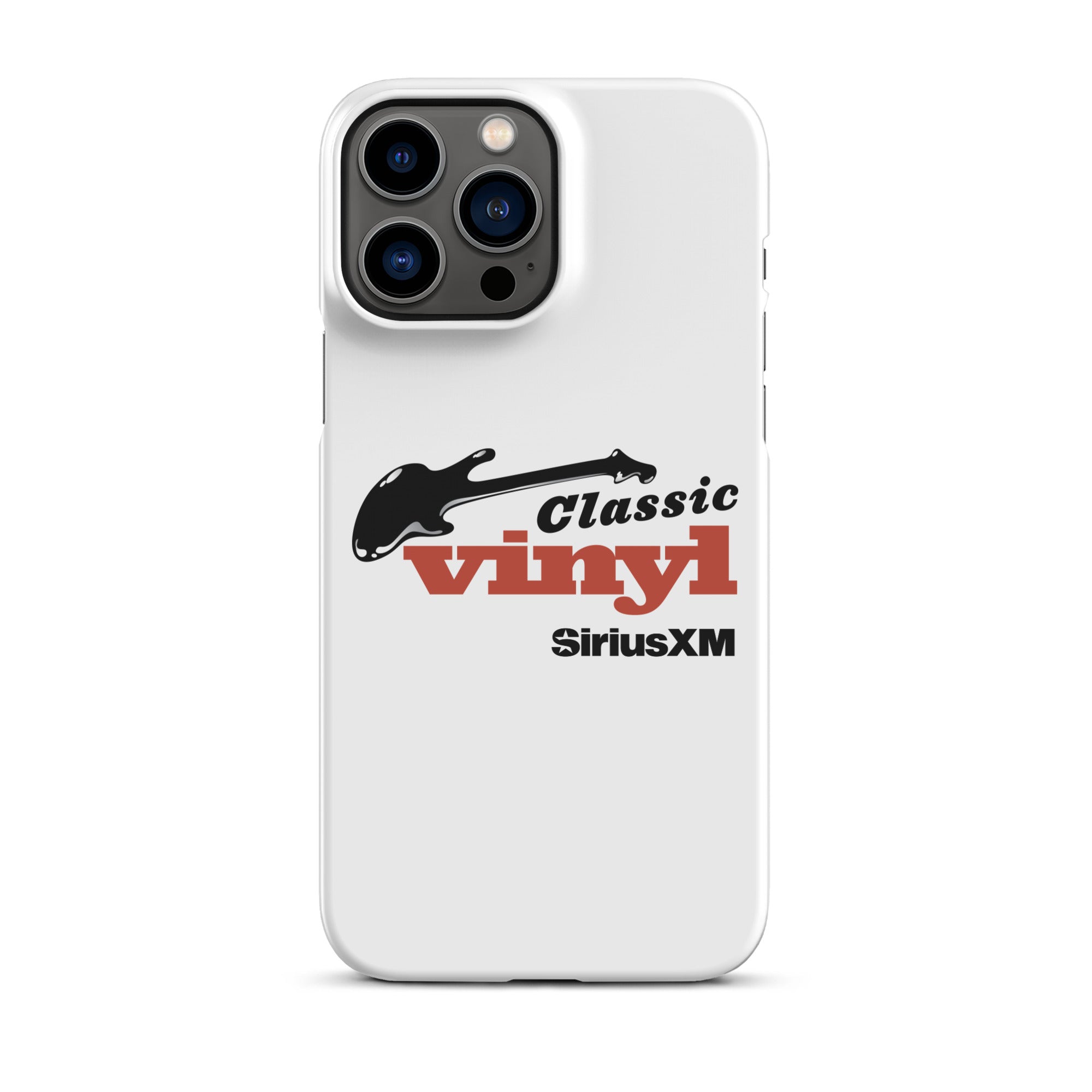 White phone case featuring 'Classic Vinyl' logo and guitar design with 'SiriusXM' branding.