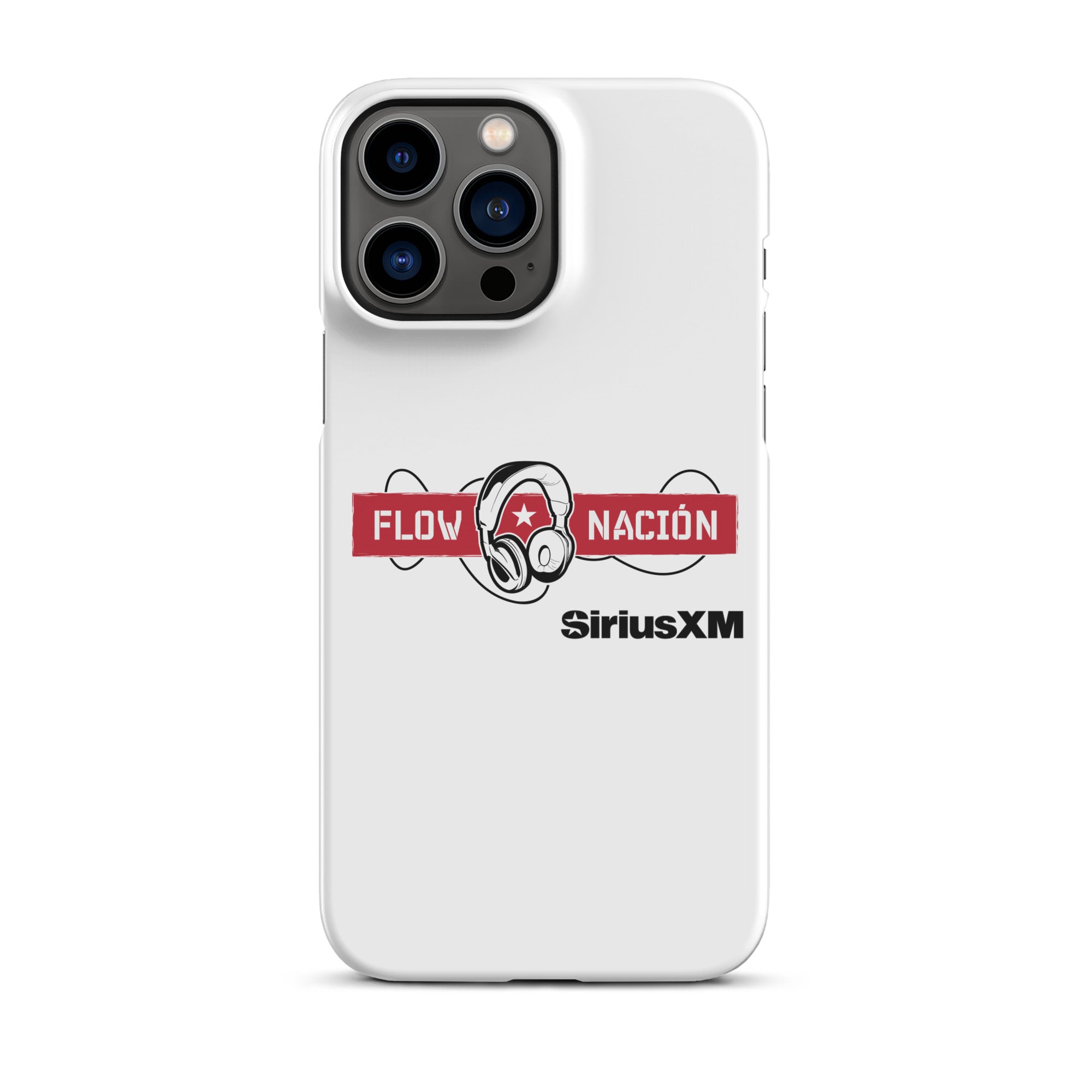 White phone case featuring 'FLOW NACION' with headphones logo and 'SiriusXM' branding.