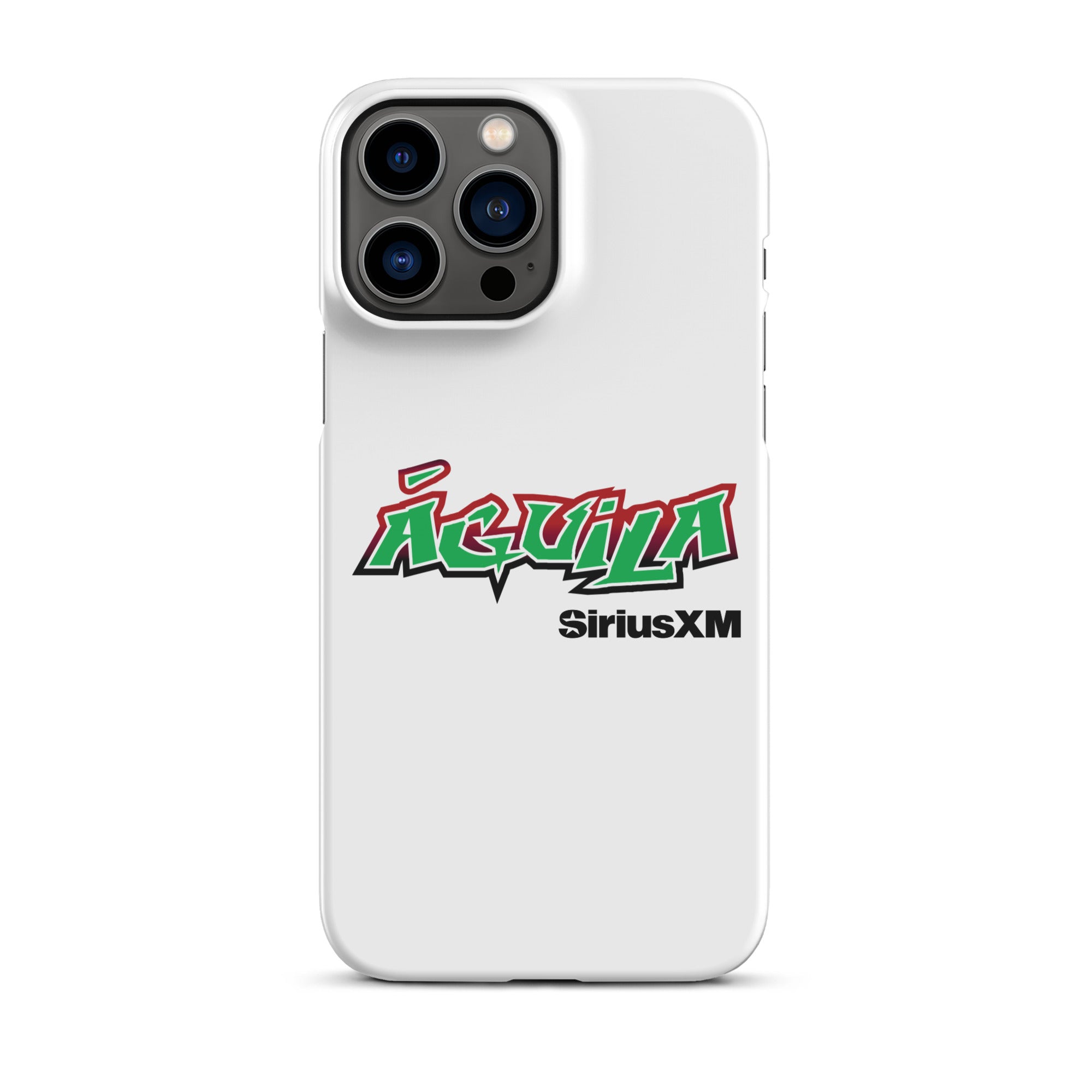 White phone case featuring the word 'Águila' in bold green and red letters, and 'SiriusXM' in black.