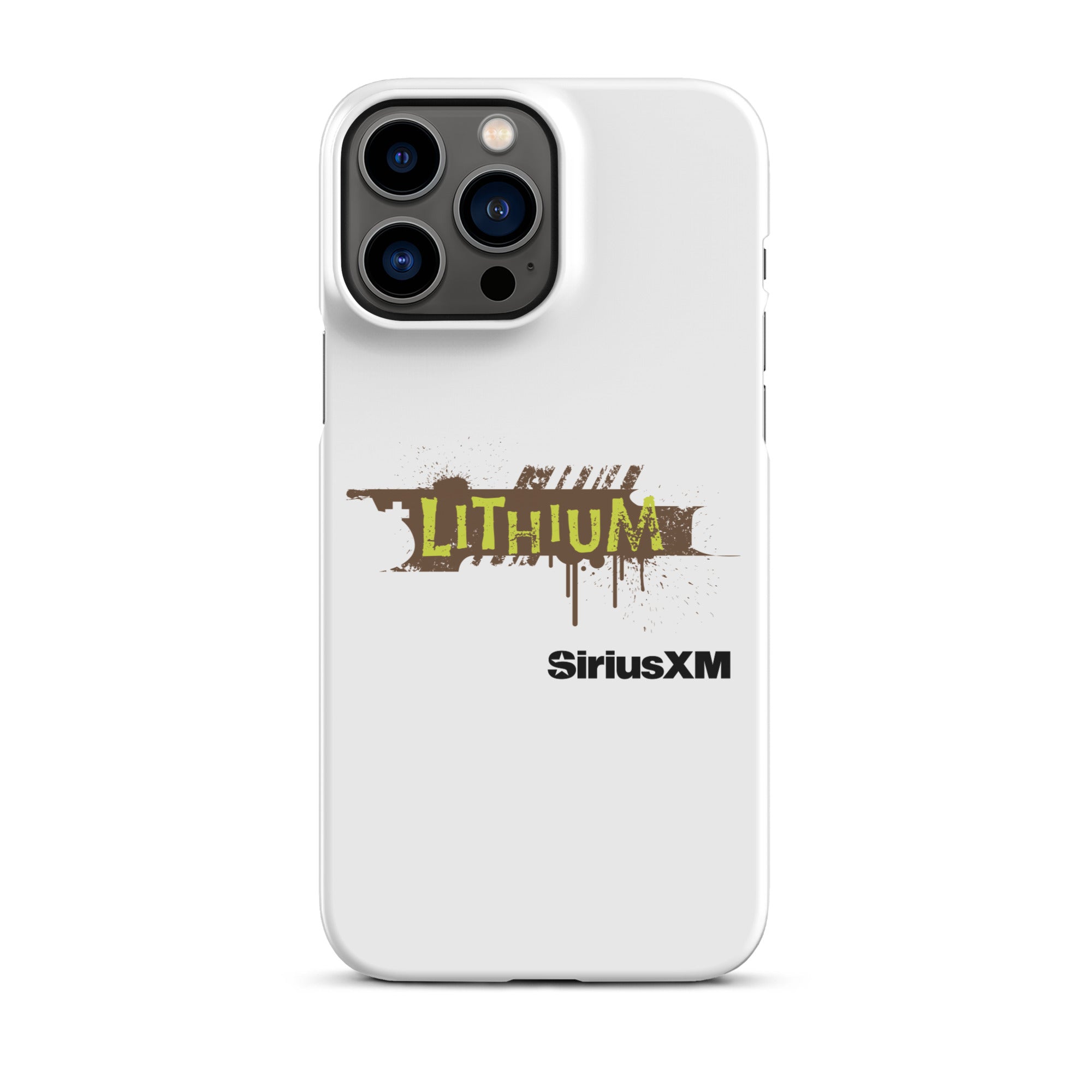 A white phone case featuring the 'LITHIUM' logo in green and brown, with 'SiriusXM' below it.