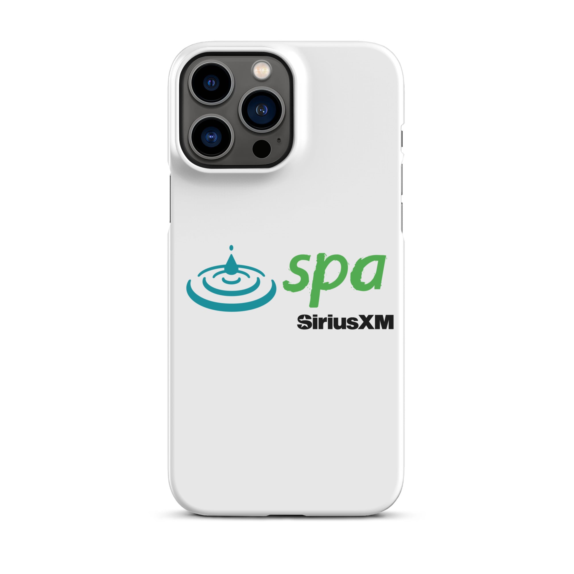 A white phone case featuring the 'spa' logo with a water droplet and ripple design and 'SiriusXM' branding underneath.