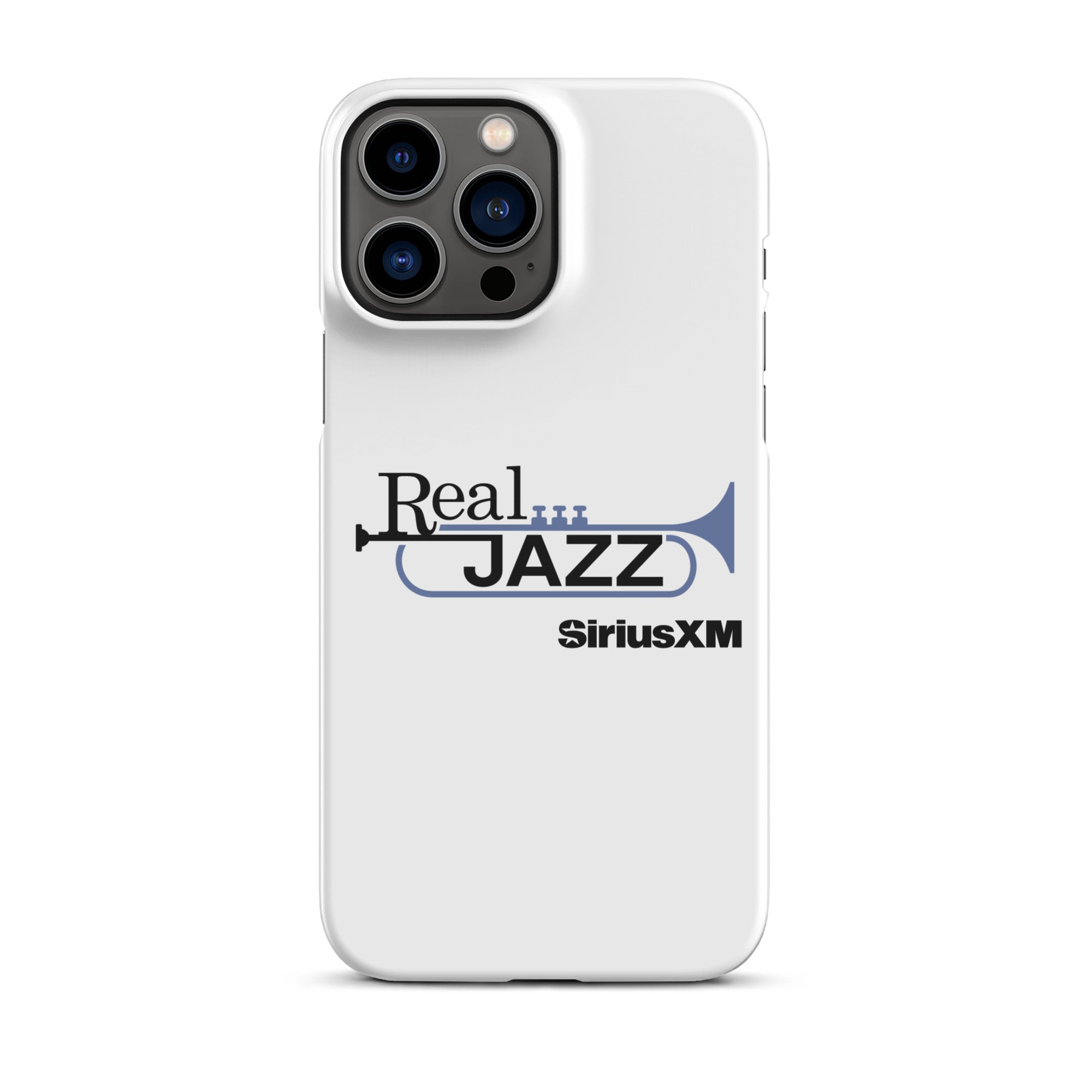 White phone case with 'Real Jazz' text and trumpet logo, featuring 'SiriusXM' branding.