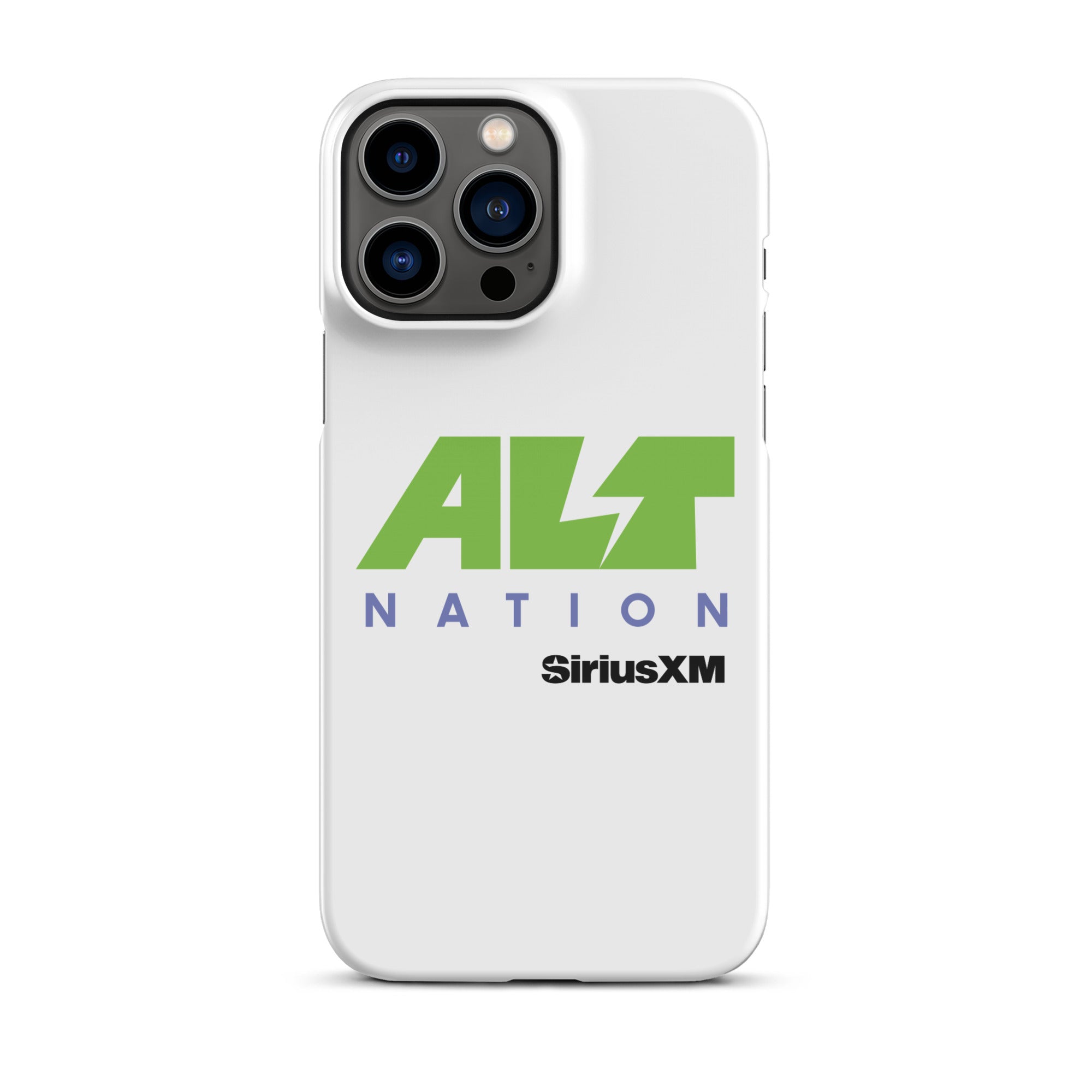 White phone case featuring the 'ALT NATION' logo in green and blue, alongside the 'SiriusXM' logo.