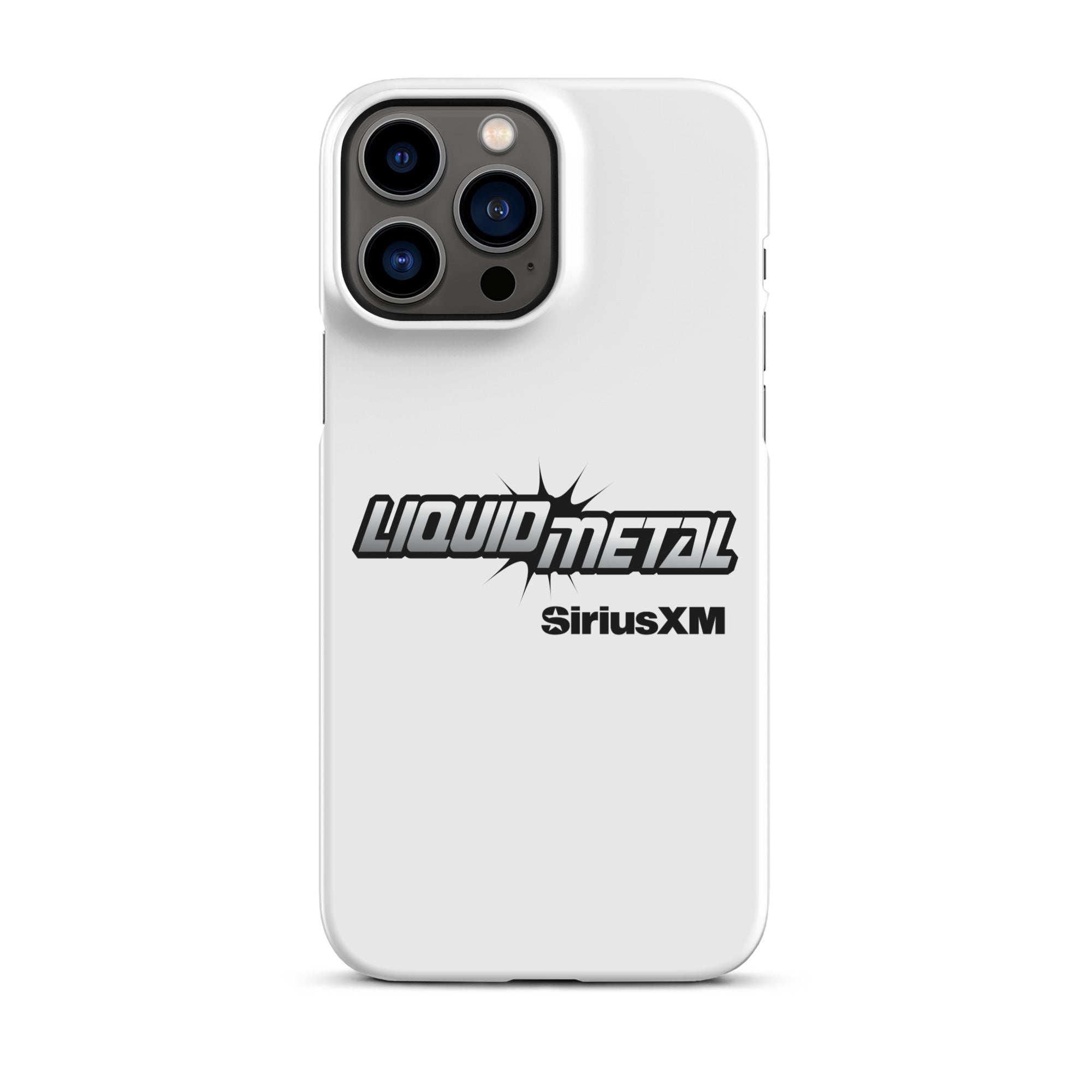 White phone case featuring the 'LIQUID METAL' logo with 'SiriusXM' underneath in a bold design.