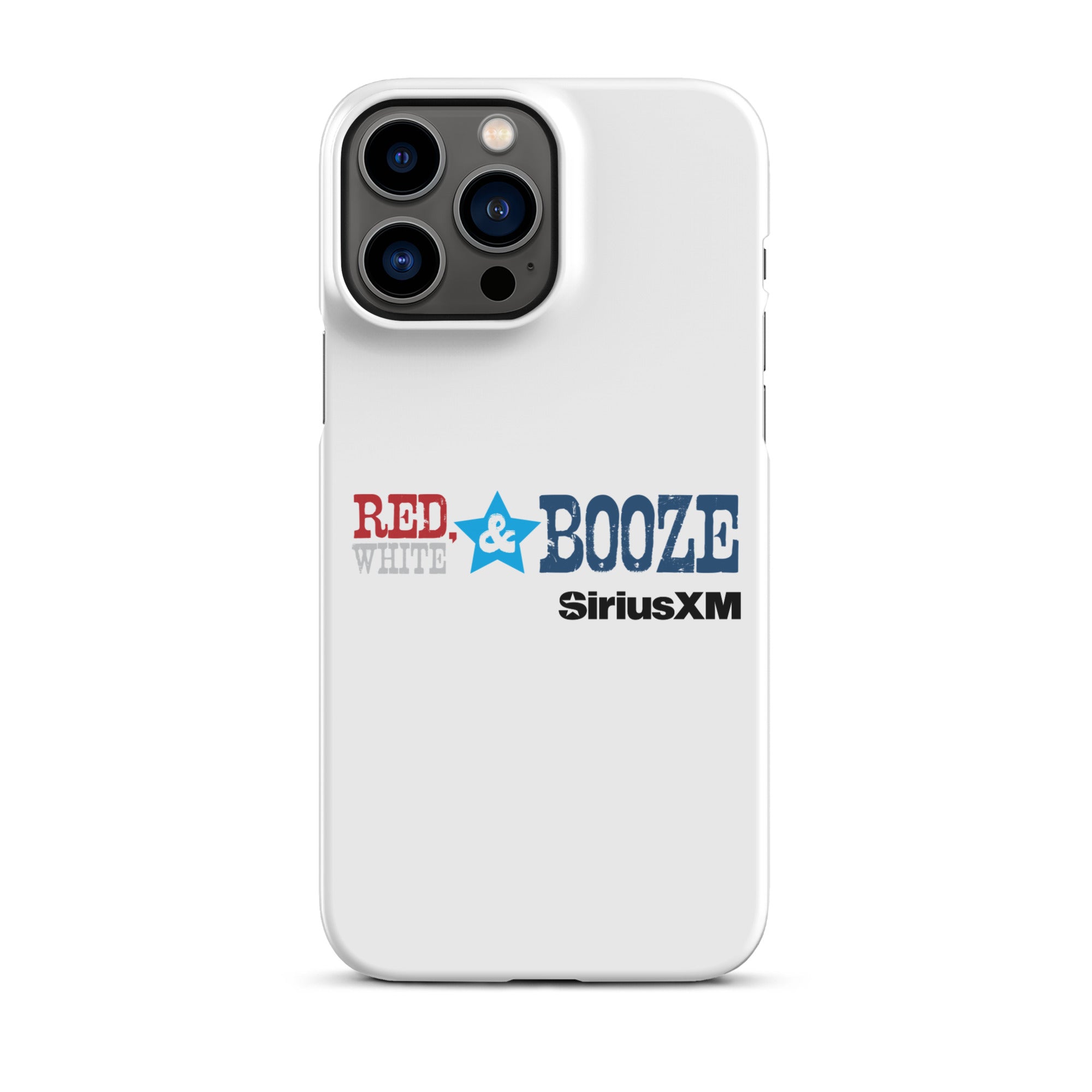 White phone case design with 'RED, WHITE & BOOZE' and 'SiriusXM' logos in red, blue, and black.